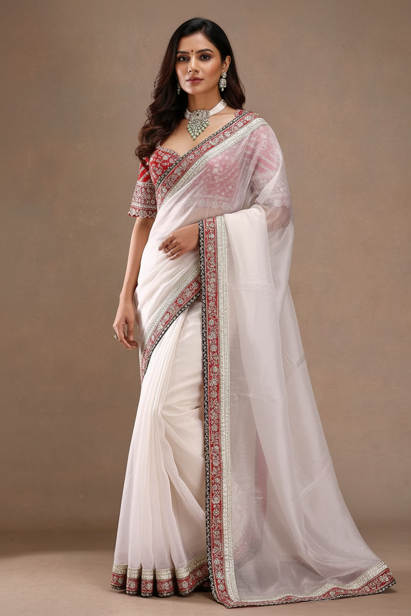 Off-White Silk-Chiffon Saree with Heavy Embroidered Red Blouse