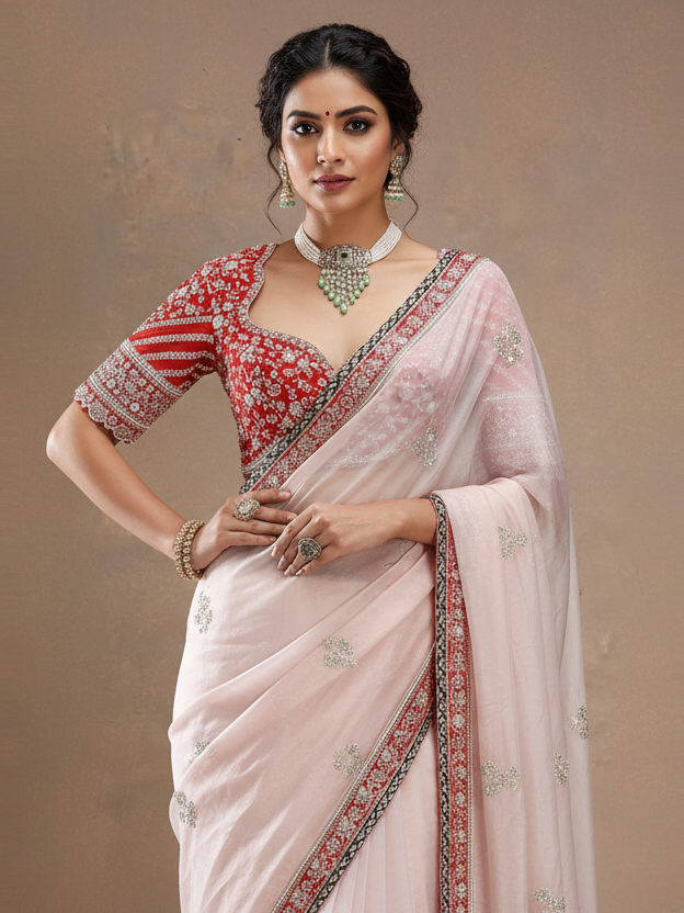 Off-White Silk-Chiffon Saree with Heavy Embroidered Red Blouse