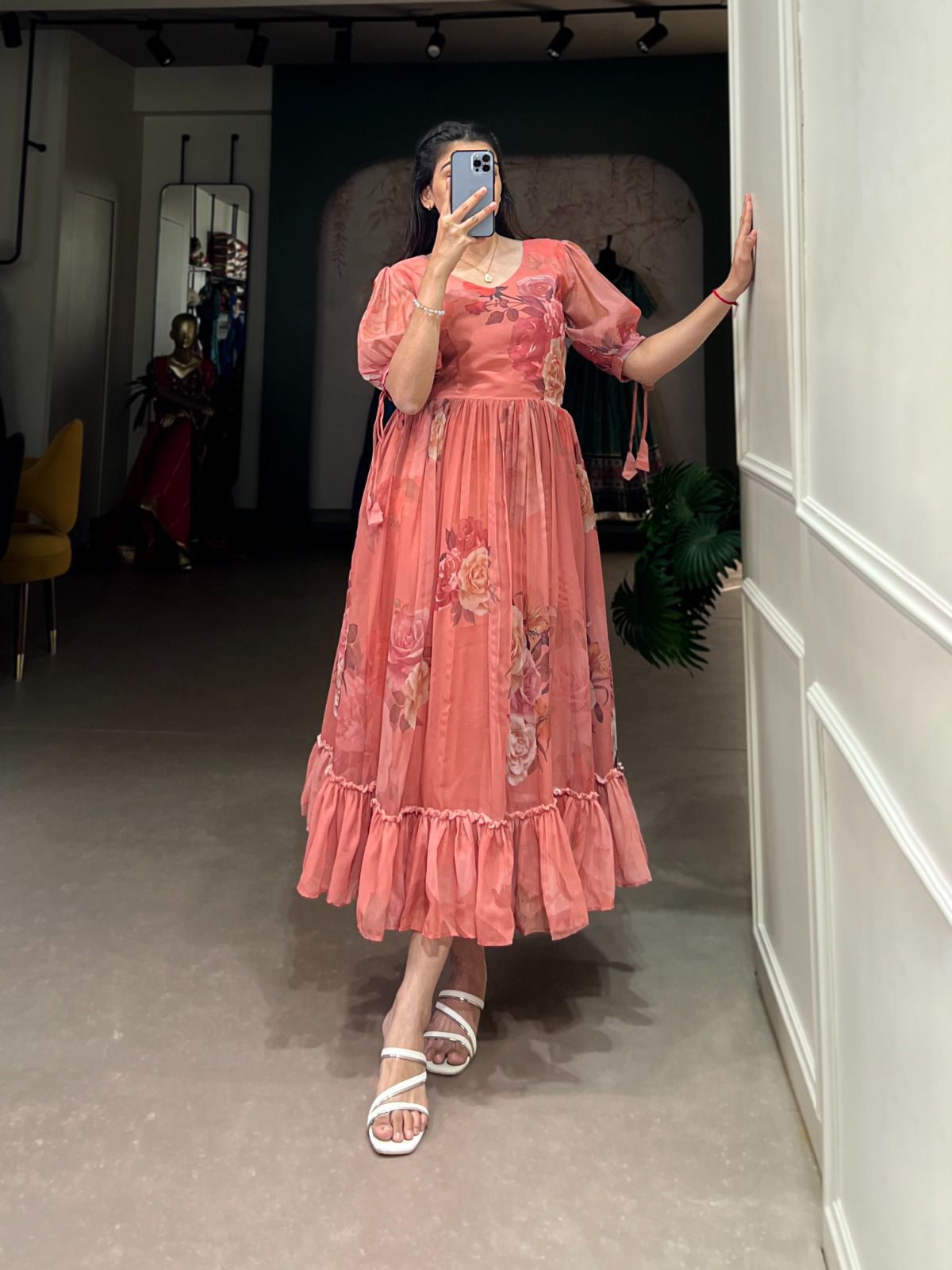 Peach Blossom Georgette Midi Dress with Ruffle Hem