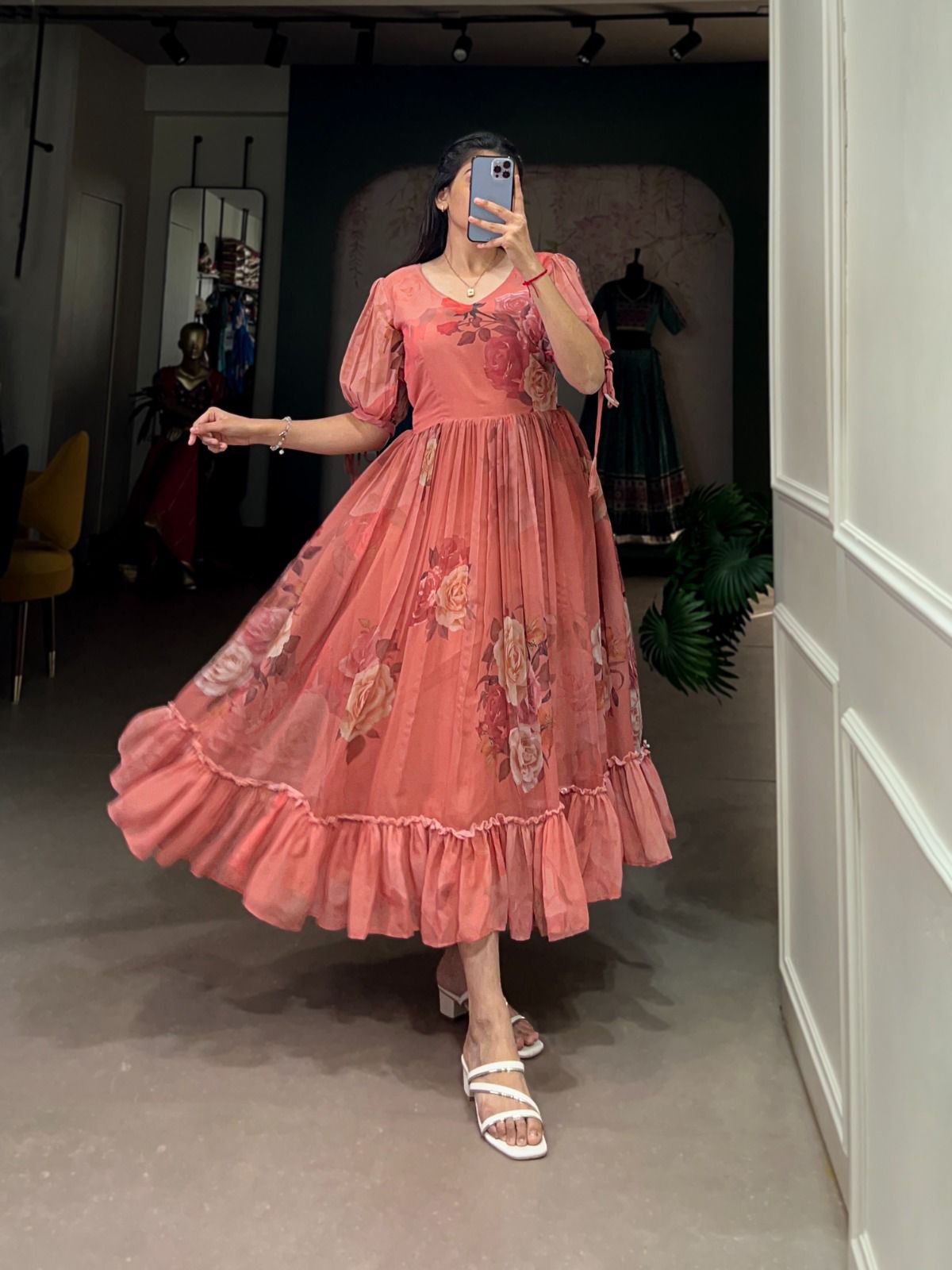 Peach Blossom Georgette Midi Dress with Ruffle Hem