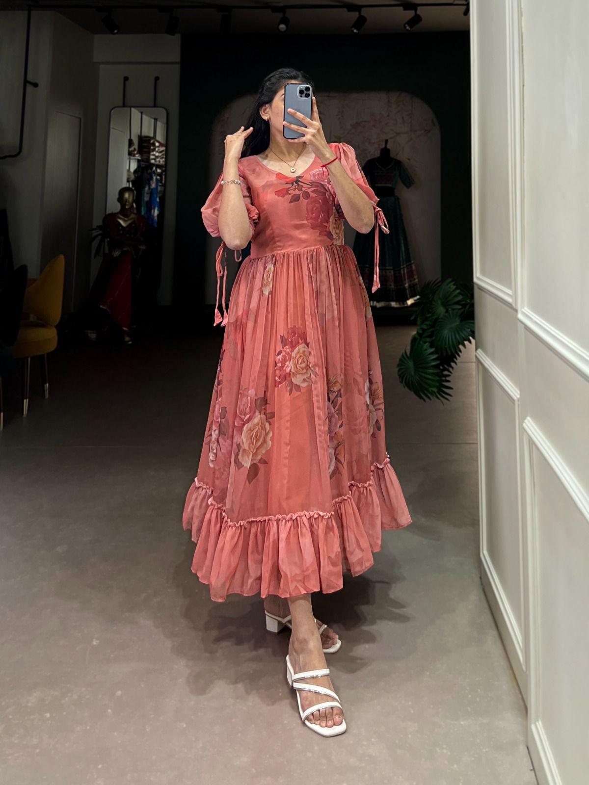 Peach Blossom Georgette Midi Dress with Ruffle Hem