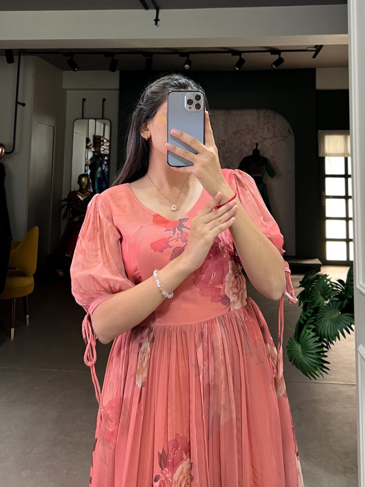 Peach Blossom Georgette Midi Dress with Ruffle Hem