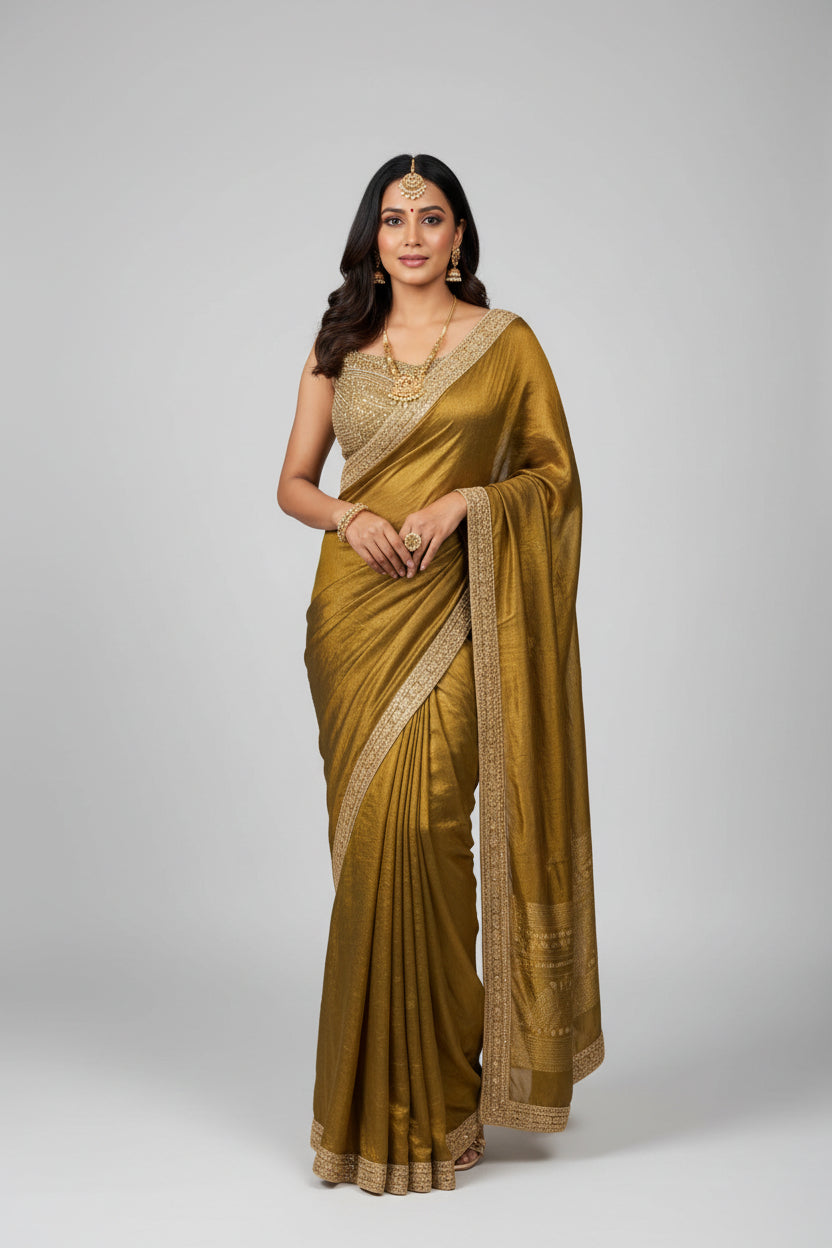 Metallic Silk Saree with Heavy Zari Border