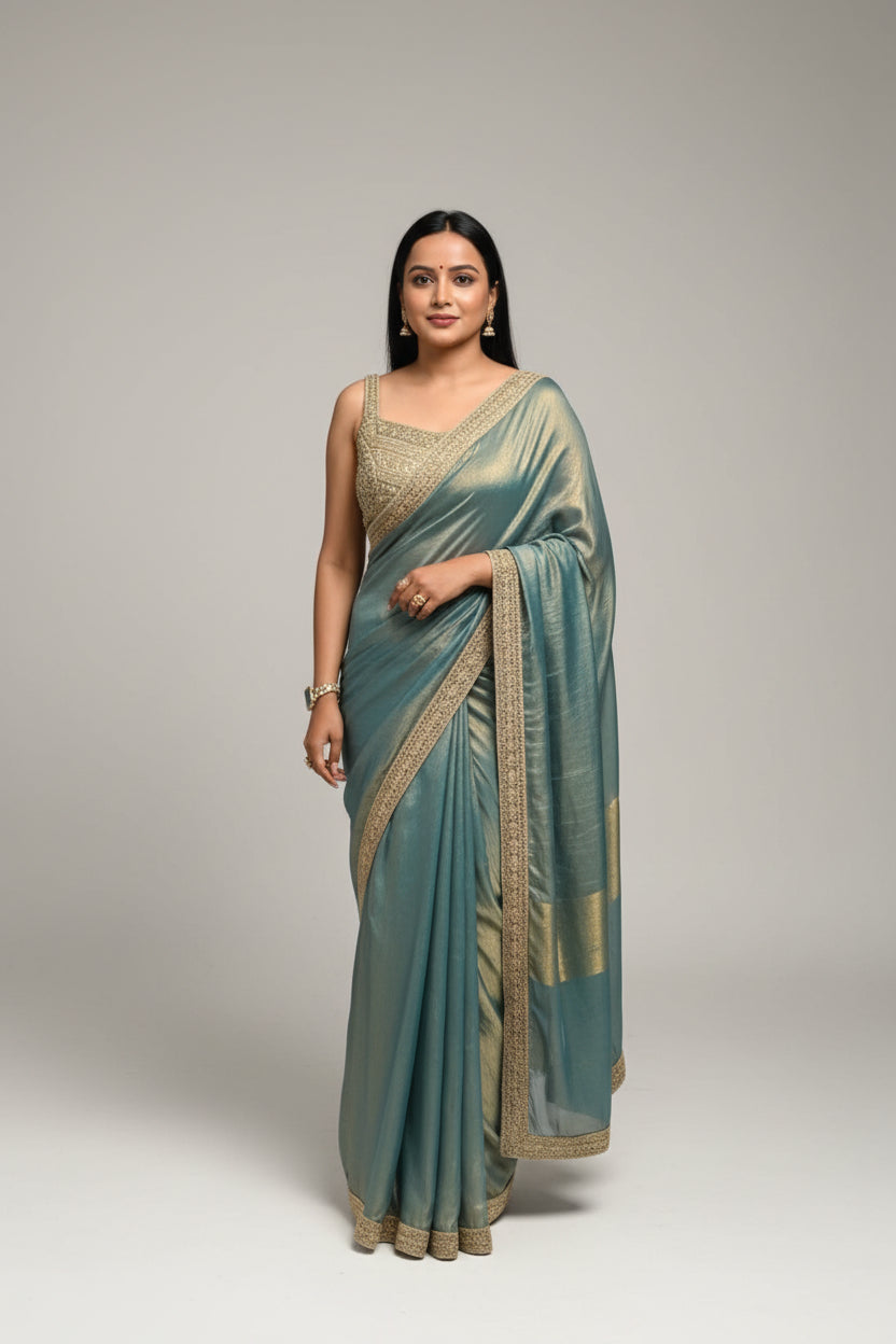 Metallic Silk Saree with Heavy Zari Border