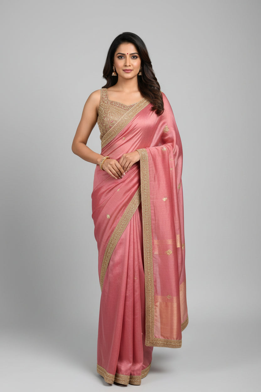 Metallic Silk Saree with Heavy Zari Border