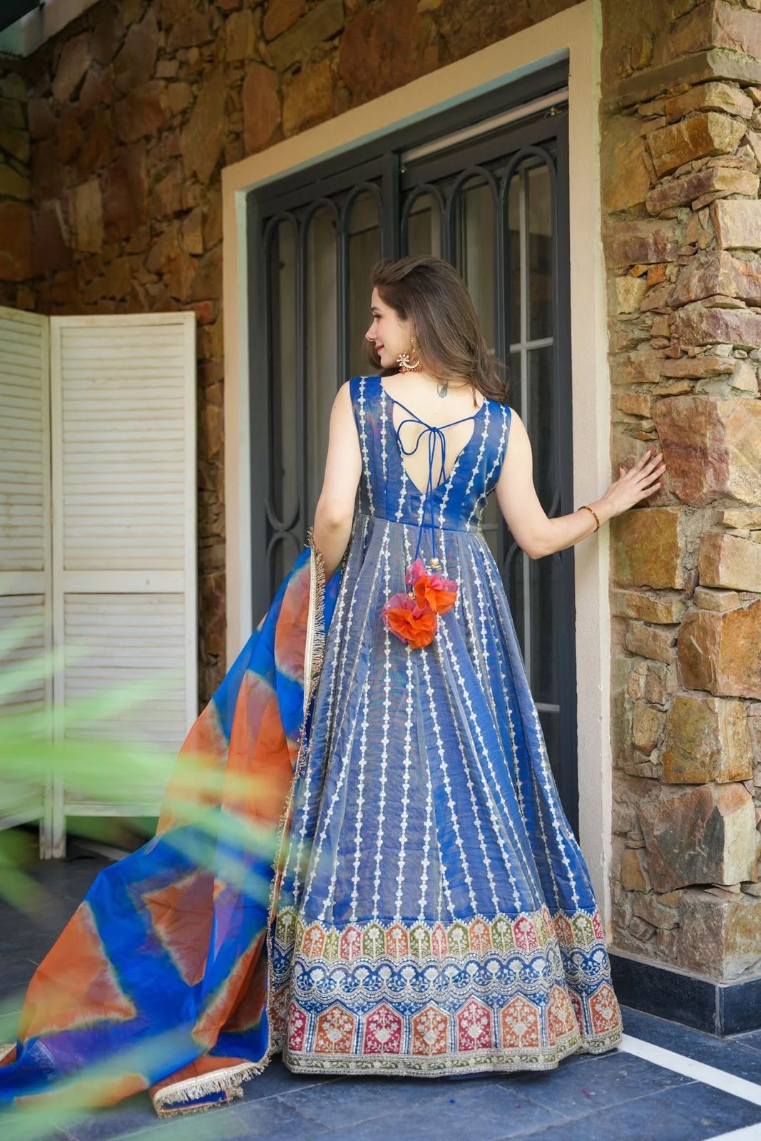 obalt Blue Gota Patti Anarkali Suit with Multi-Tone Shaded Dupatta