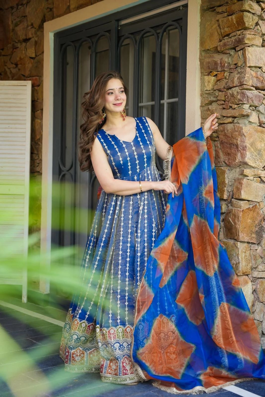 obalt Blue Gota Patti Anarkali Suit with Multi-Tone Shaded Dupatta