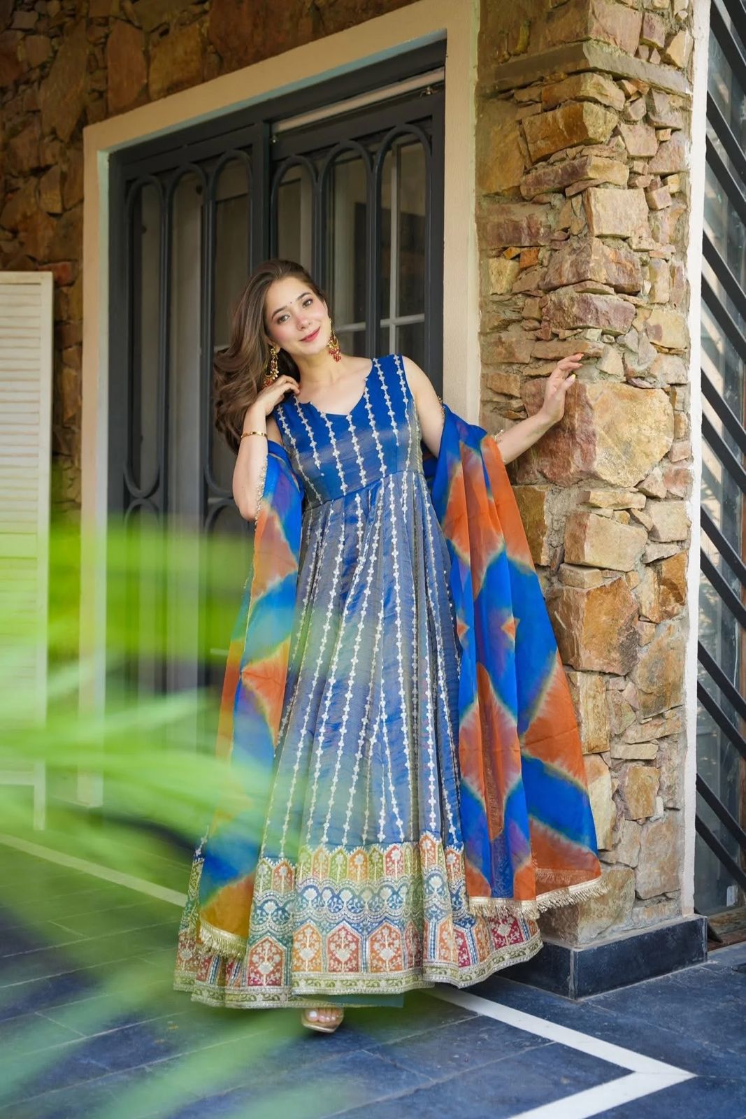 obalt Blue Gota Patti Anarkali Suit with Multi-Tone Shaded Dupatta