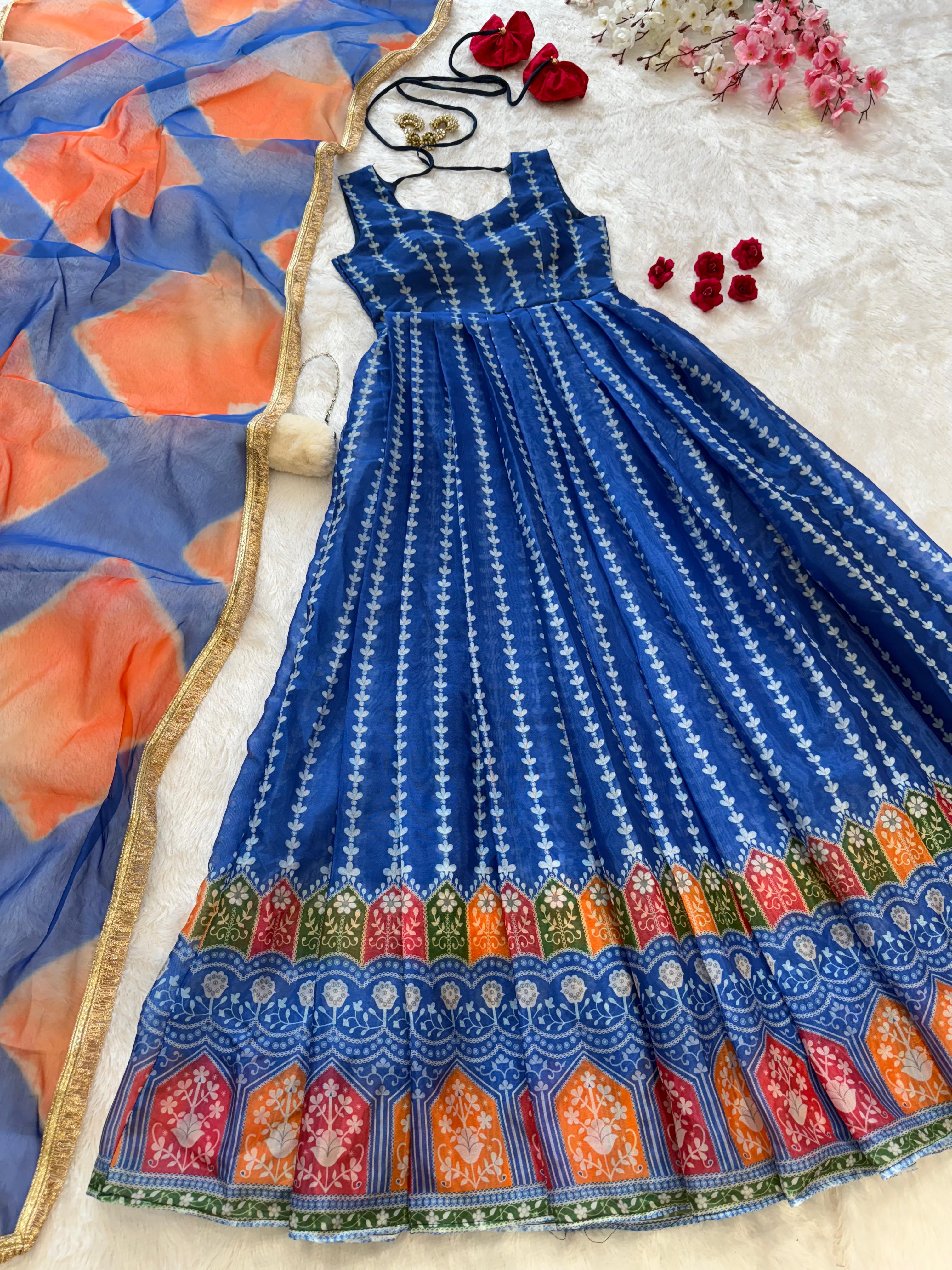 obalt Blue Gota Patti Anarkali Suit with Multi-Tone Shaded Dupatta