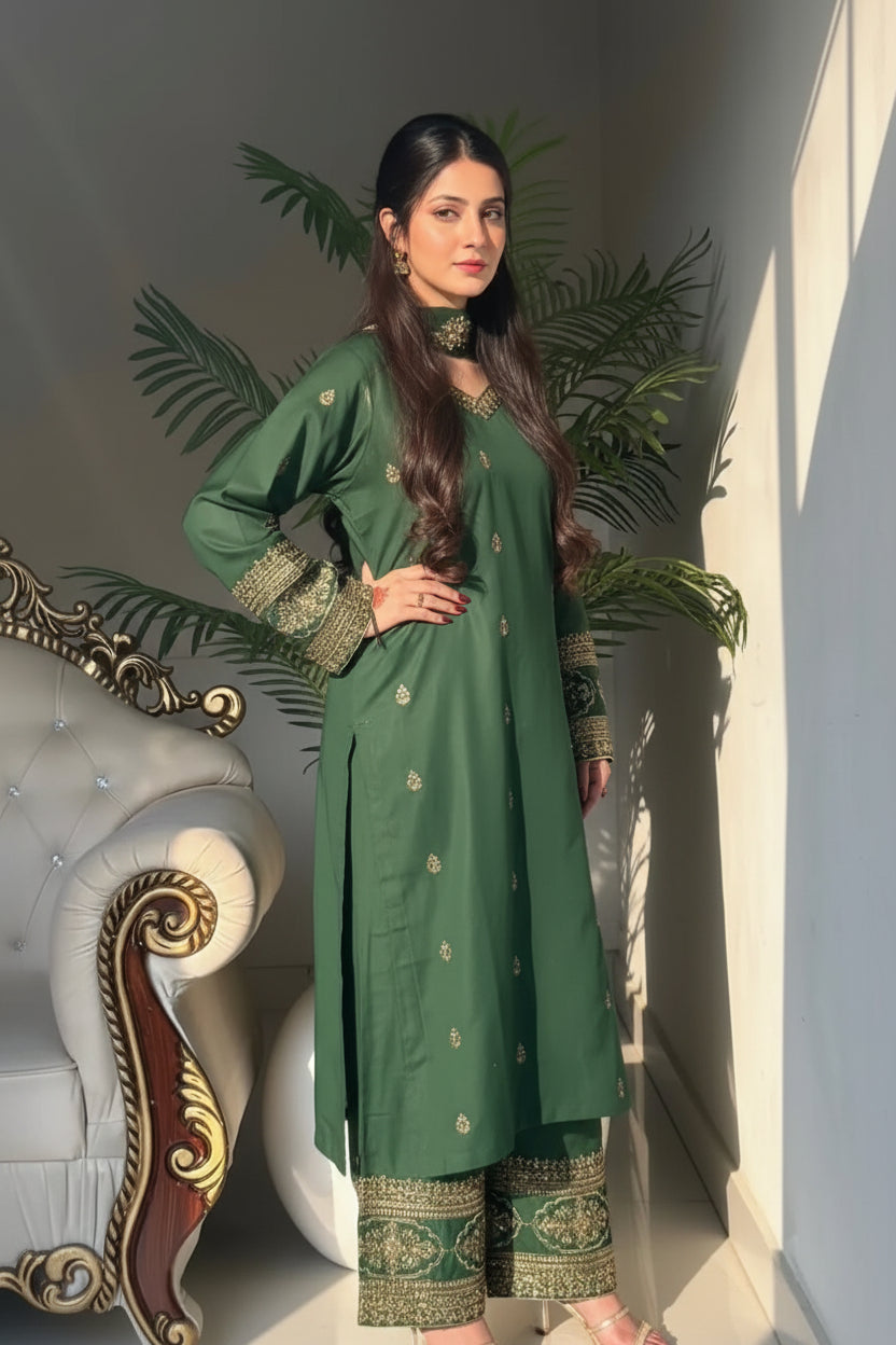 Emerald Forest Embroidered Silk Suit with Antique Gold Handwork Sleeves