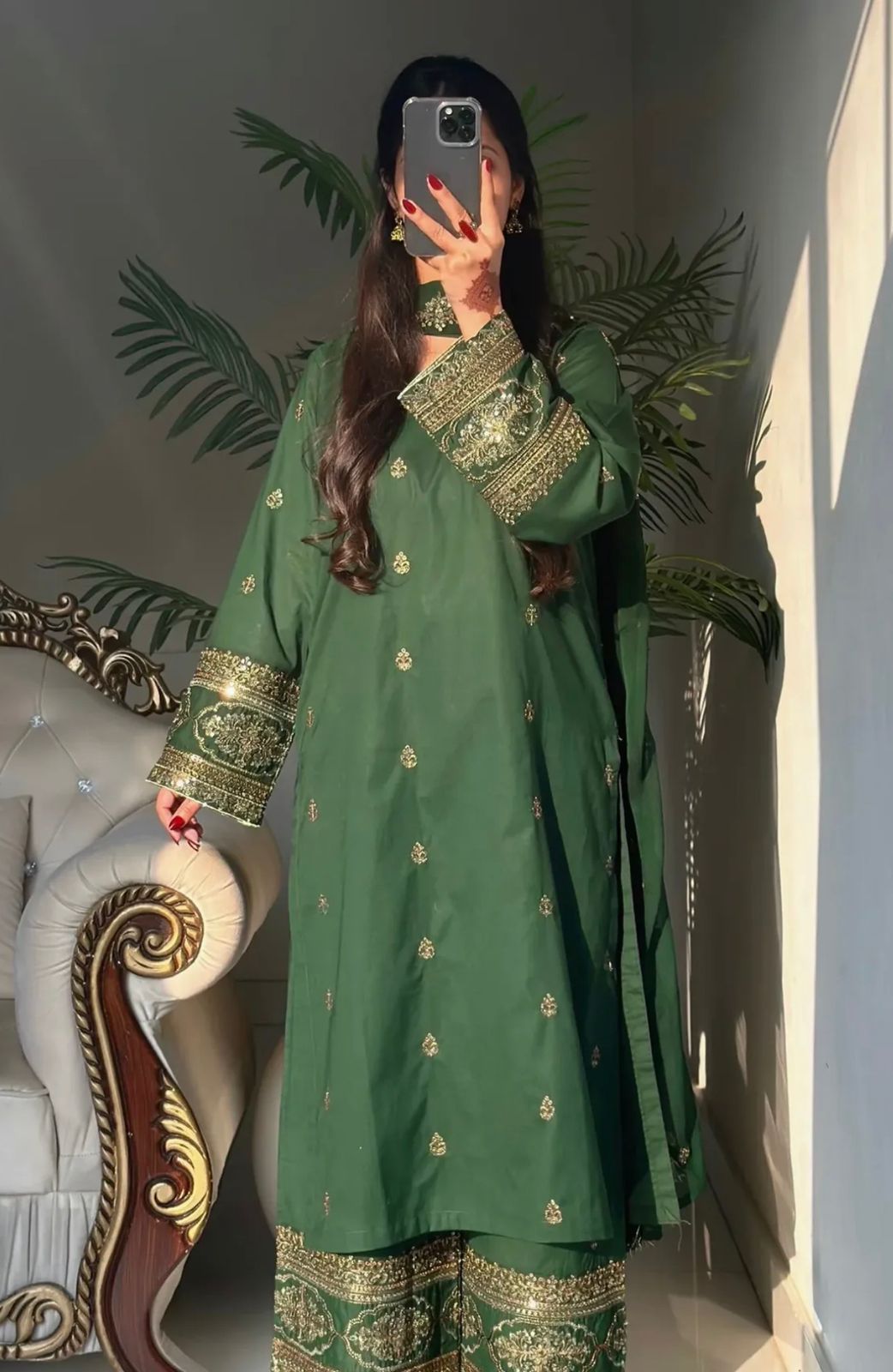 Emerald Forest Embroidered Silk Suit with Antique Gold Handwork Sleeves
