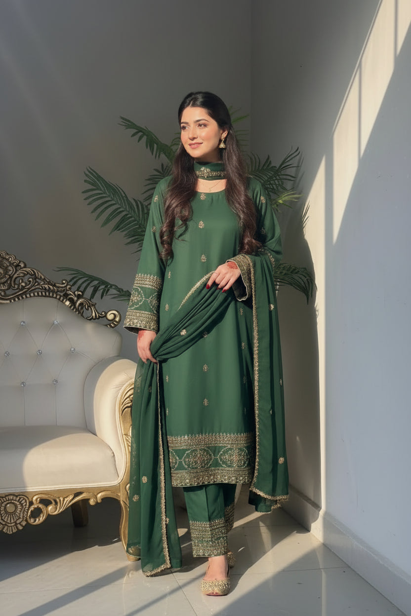 Emerald Forest Embroidered Silk Suit with Antique Gold Handwork Sleeves