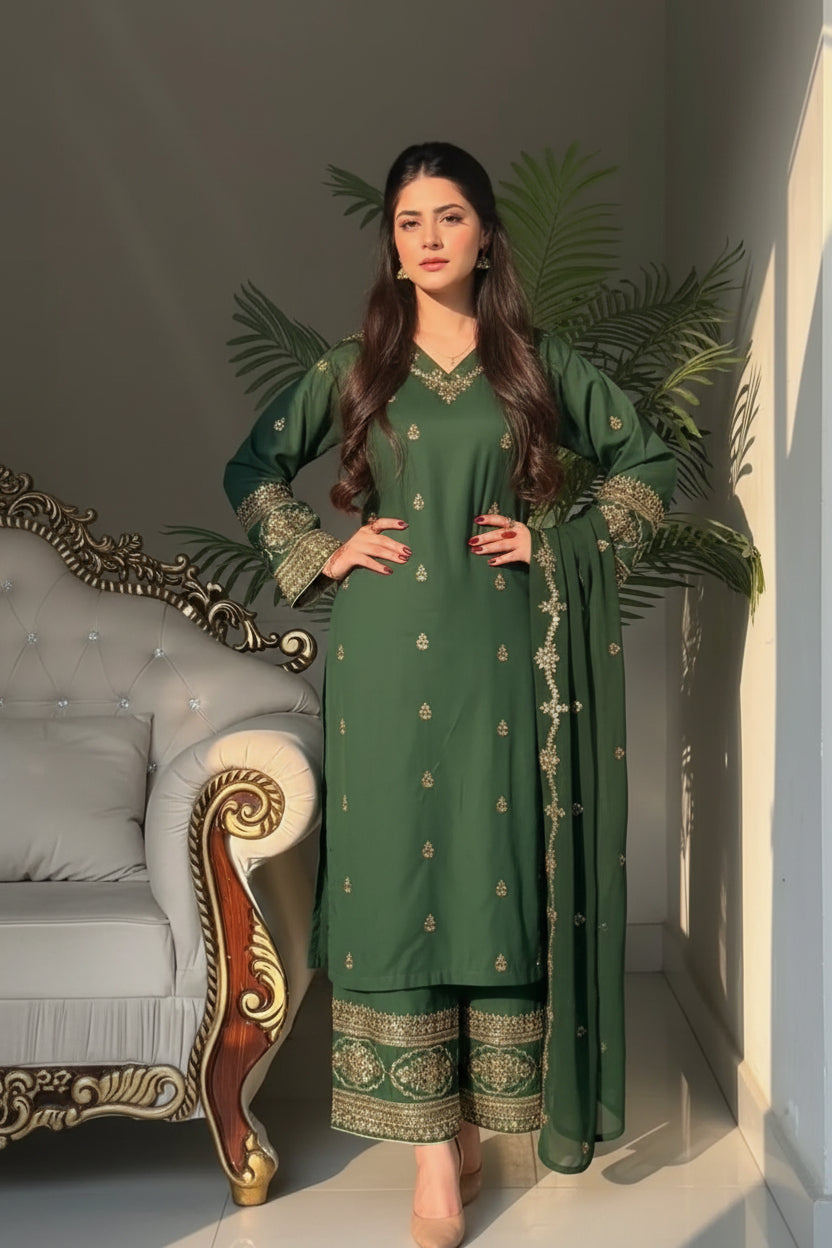 Emerald Forest Embroidered Silk Suit with Antique Gold Handwork Sleeves