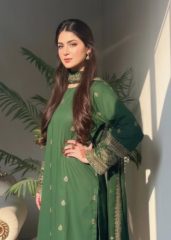 Emerald Forest Embroidered Silk Suit with Antique Gold Handwork Sleeves