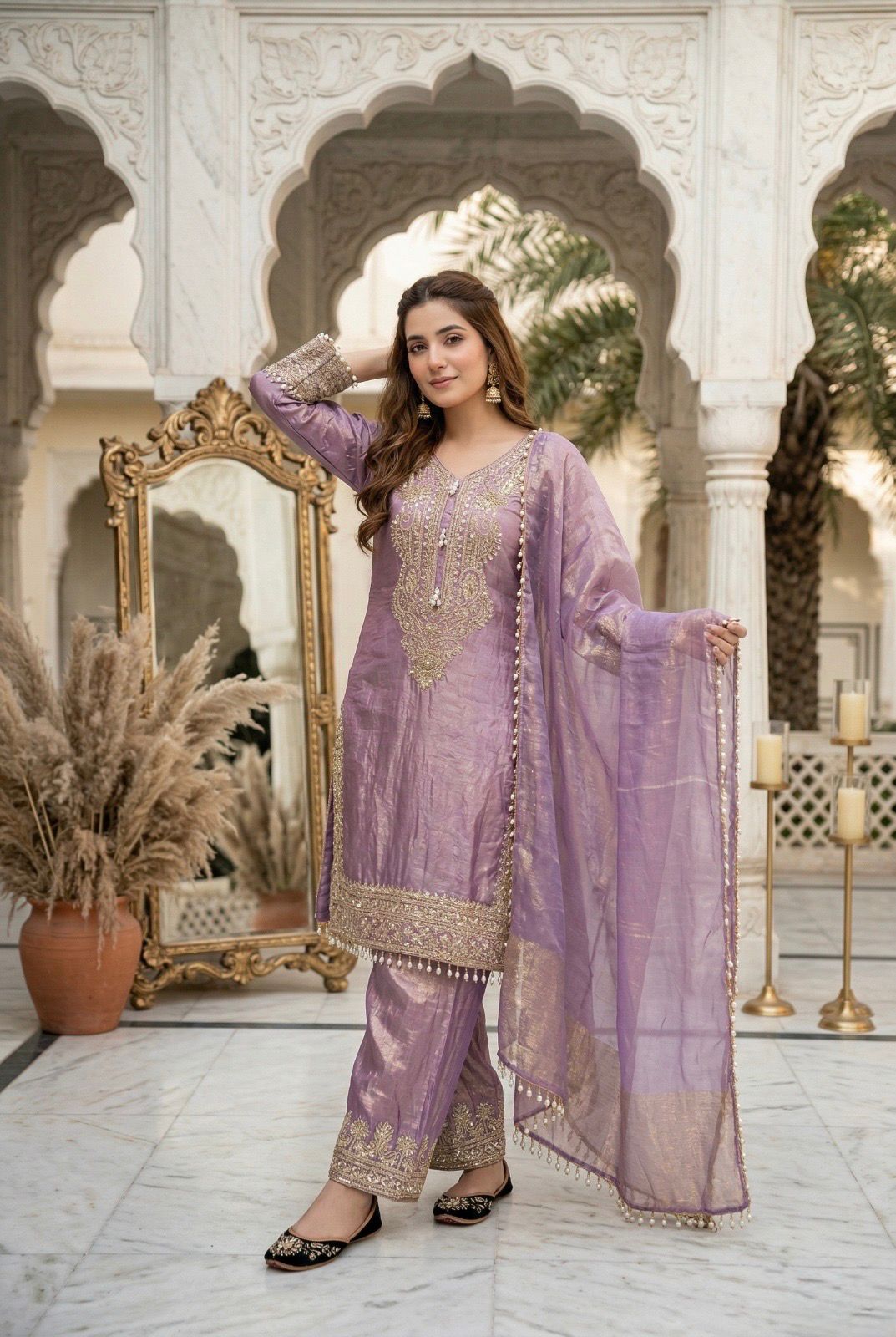Soft Lavender Glow: Embroidered Tissue Kurta Set with Scalloped Dupatta & Pearl Finishes