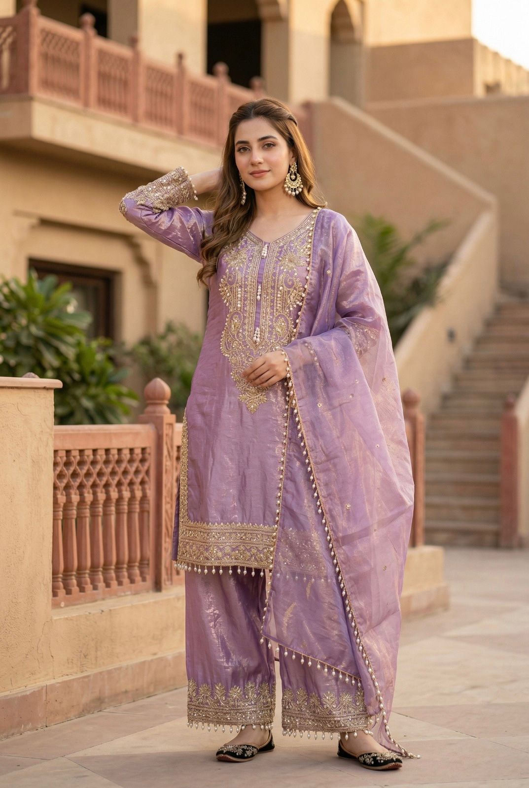 Soft Lavender Glow: Embroidered Tissue Kurta Set with Scalloped Dupatta & Pearl Finishes