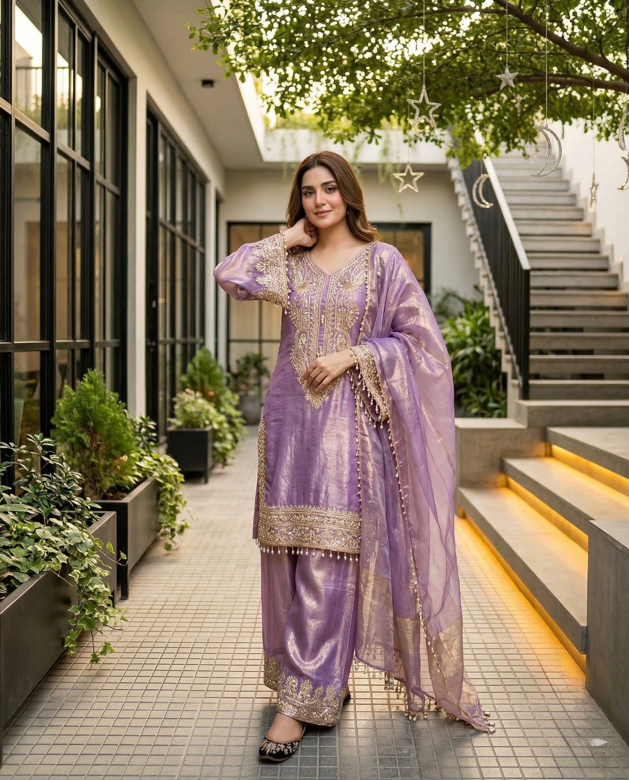 Soft Lavender Glow: Embroidered Tissue Kurta Set with Scalloped Dupatta & Pearl Finishes