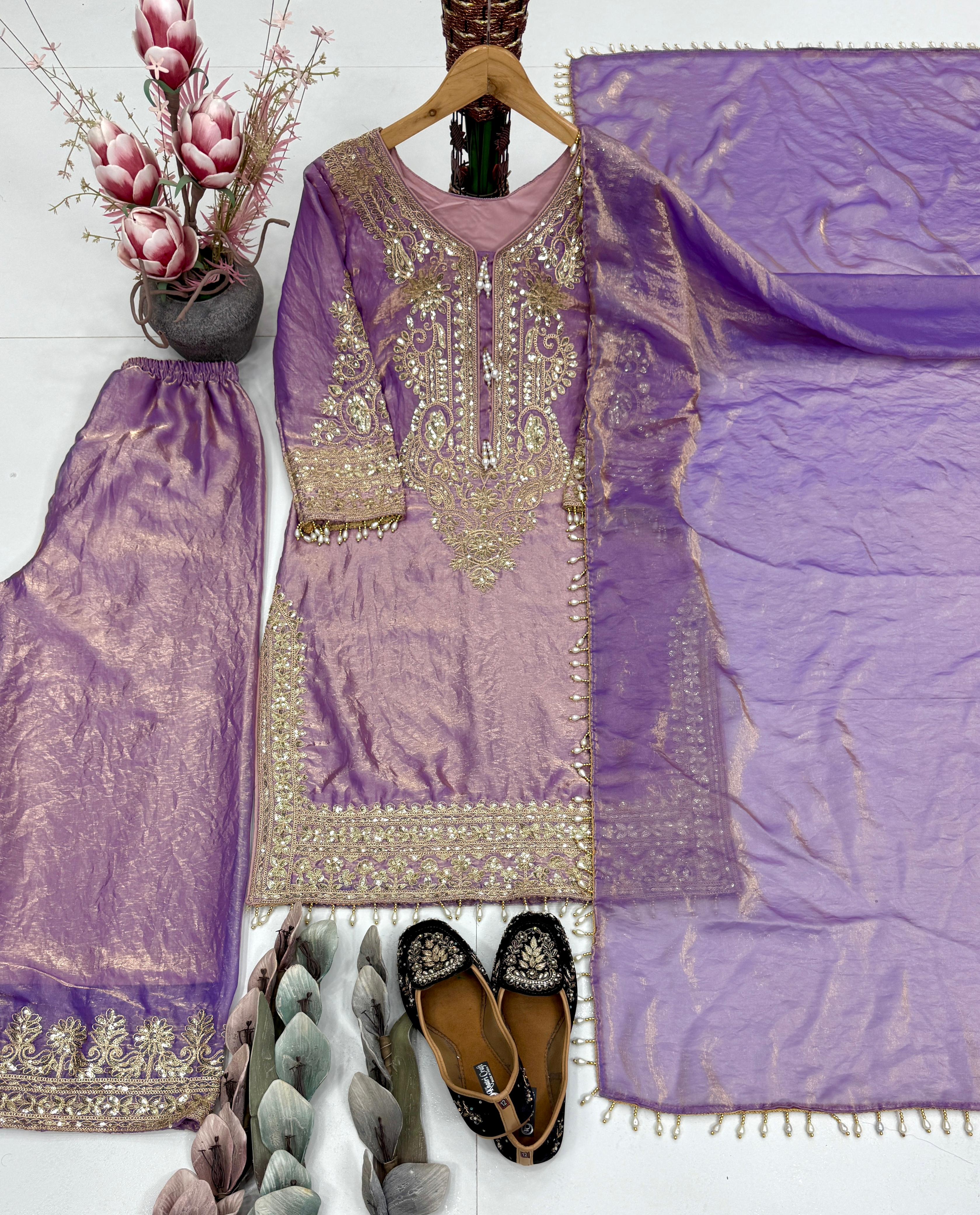 Soft Lavender Glow: Embroidered Tissue Kurta Set with Scalloped Dupatta & Pearl Finishes