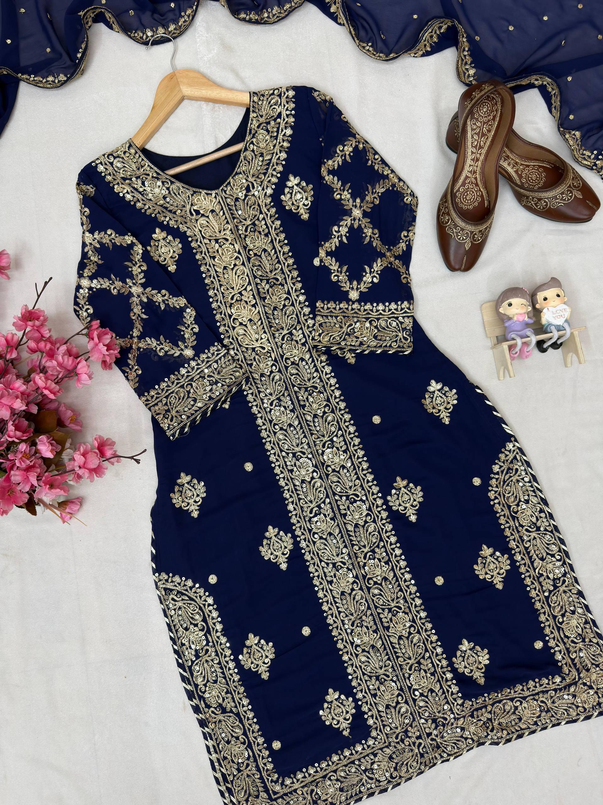 Royal Midnight Navy Heavily Embroidered Kurta Set with Scalloped Dupatta