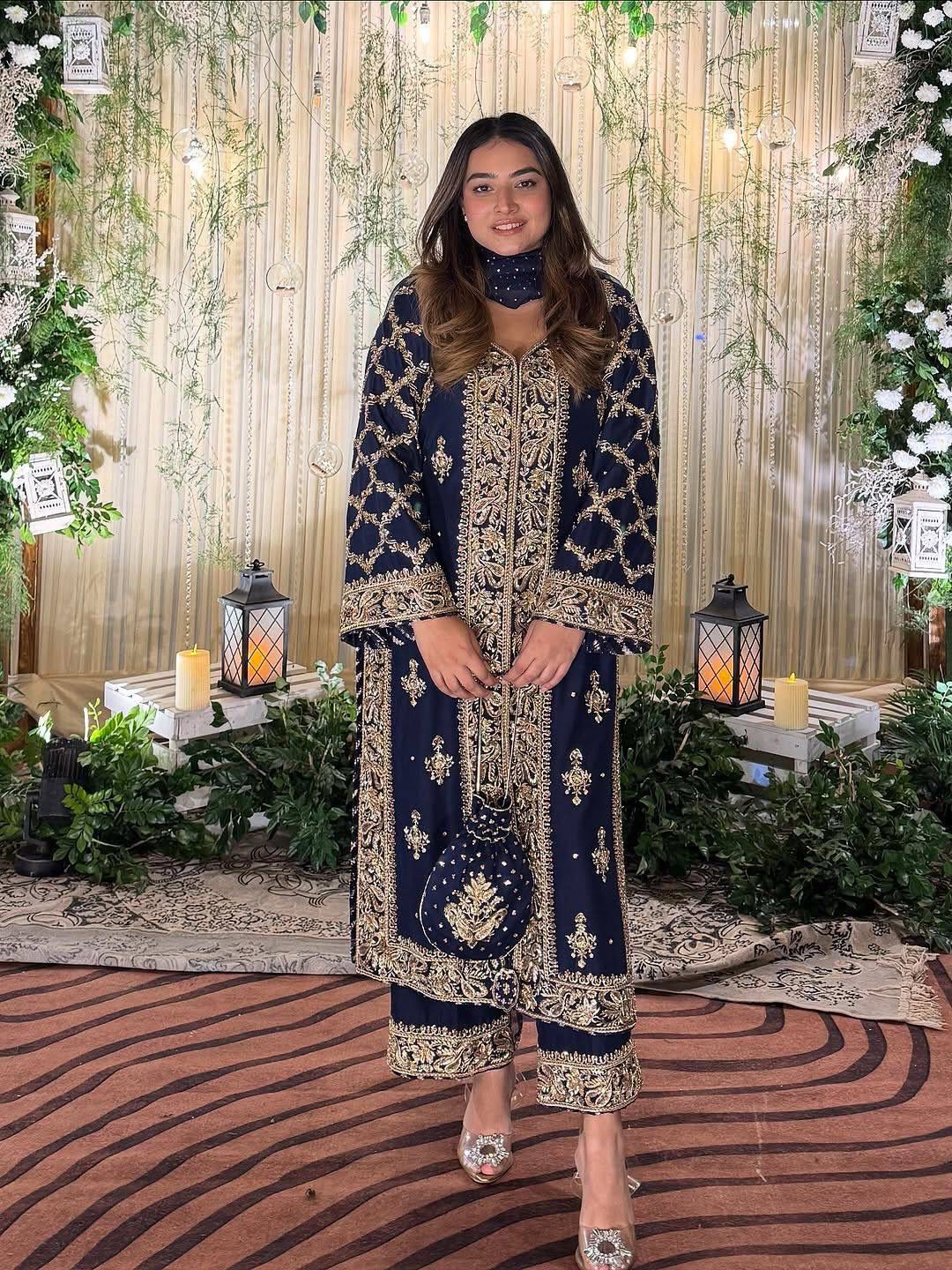 Royal Midnight Navy Heavily Embroidered Kurta Set with Scalloped Dupatta