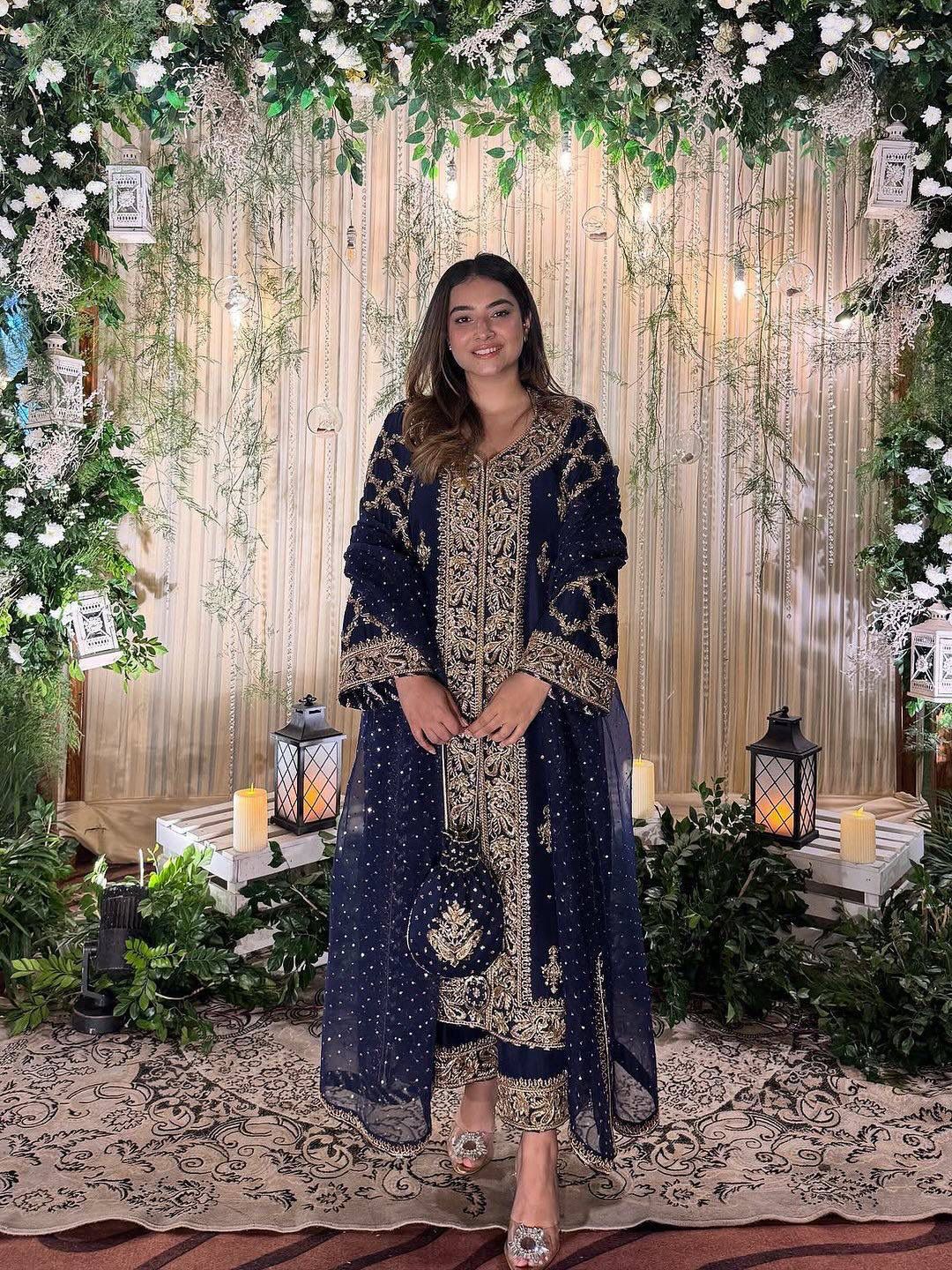 Royal Midnight Navy Heavily Embroidered Kurta Set with Scalloped Dupatta