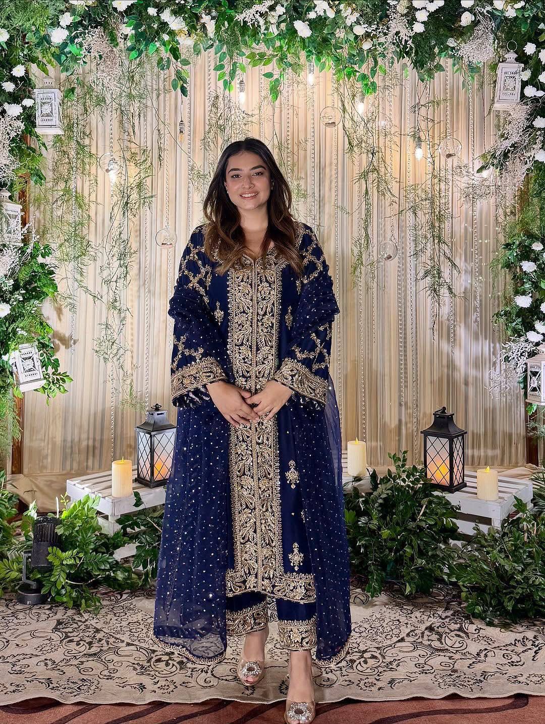 Royal Midnight Navy Heavily Embroidered Kurta Set with Scalloped Dupatta