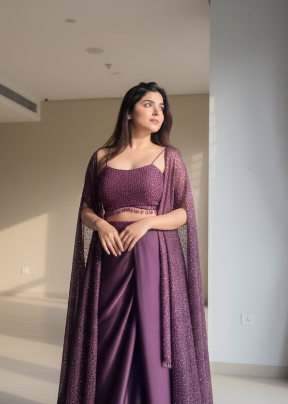 Midnight Mauve: Draped Satin Skirt with Shimmering Sequin Cape