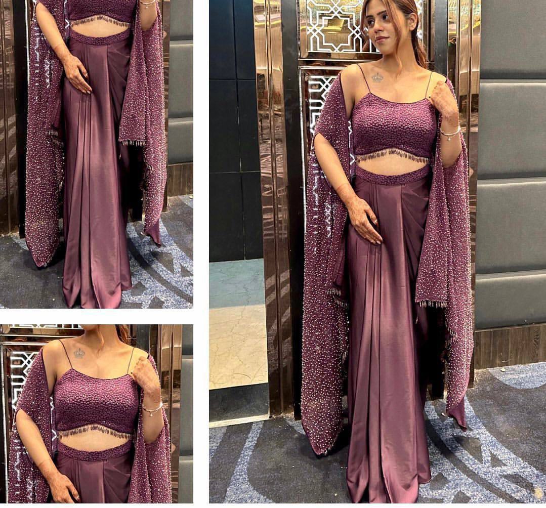 Midnight Mauve: Draped Satin Skirt with Shimmering Sequin Cape