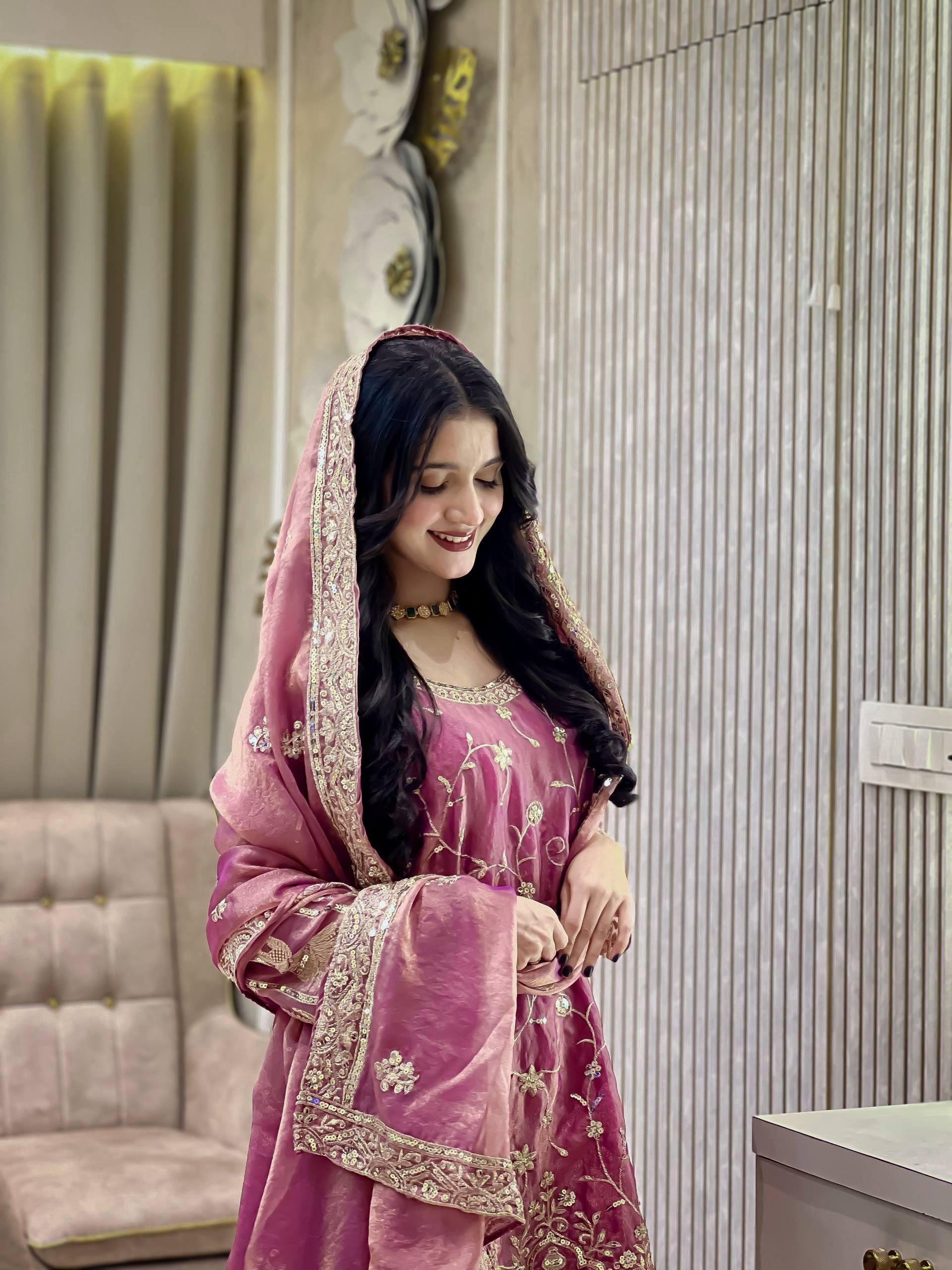 Lilac Luxe: Hand-Embroidered Organza Sharara Set