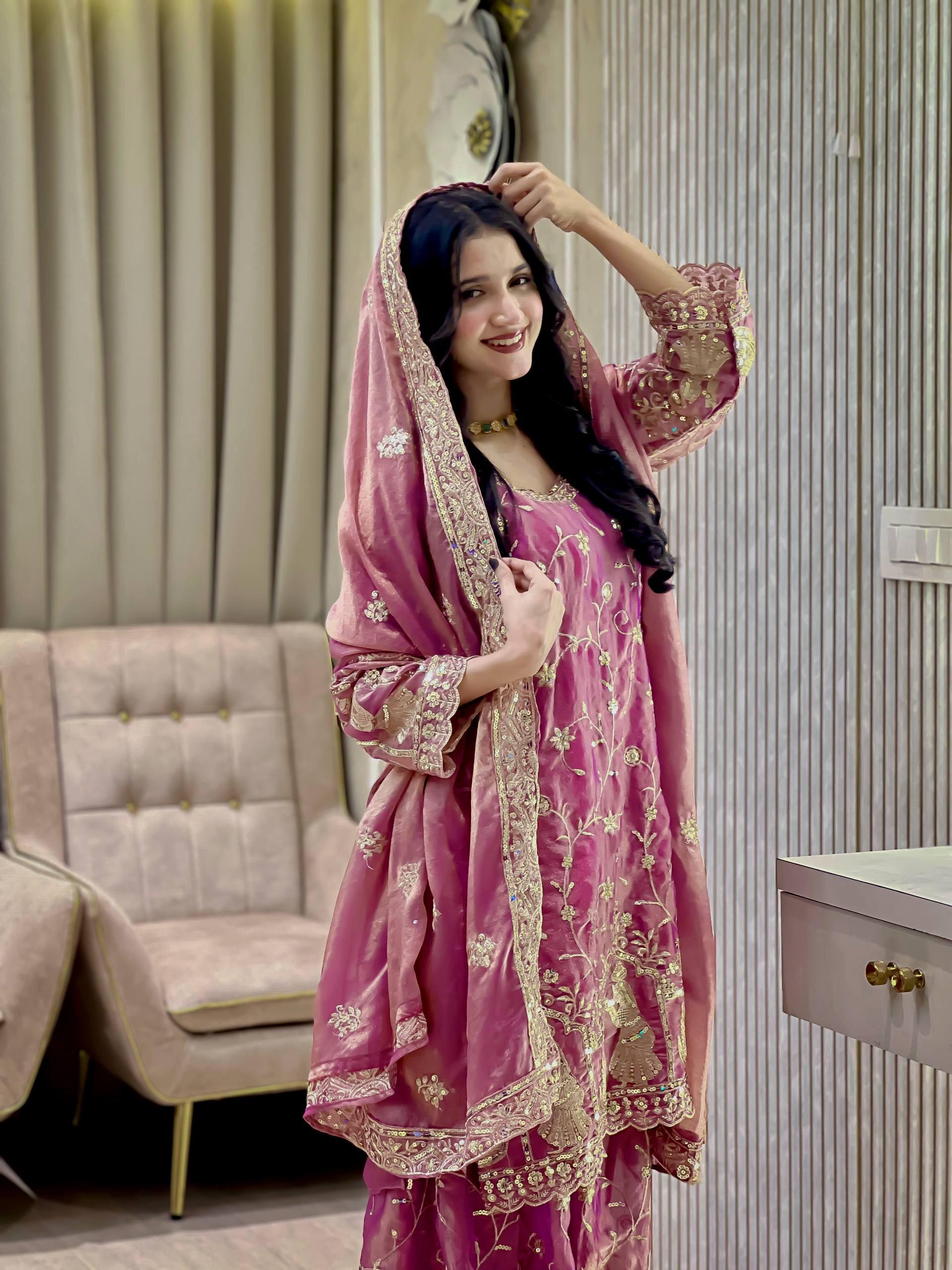 Lilac Luxe: Hand-Embroidered Organza Sharara Set