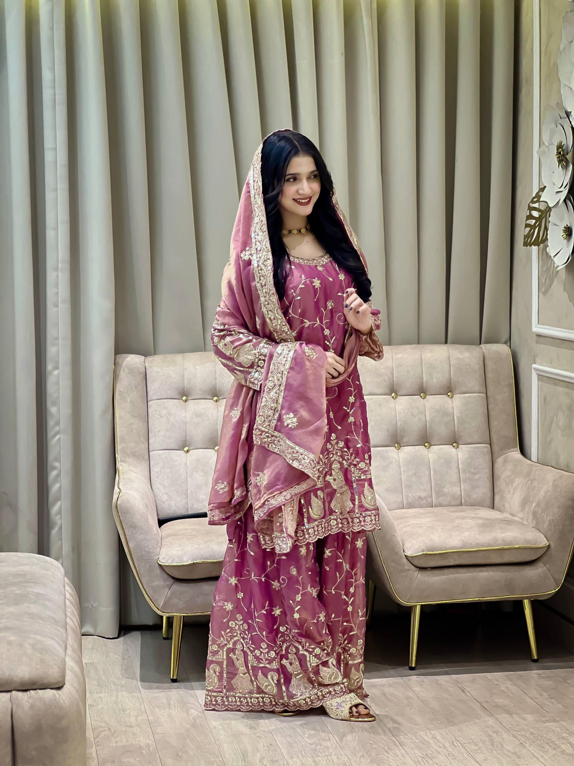 Lilac Luxe: Hand-Embroidered Organza Sharara Set