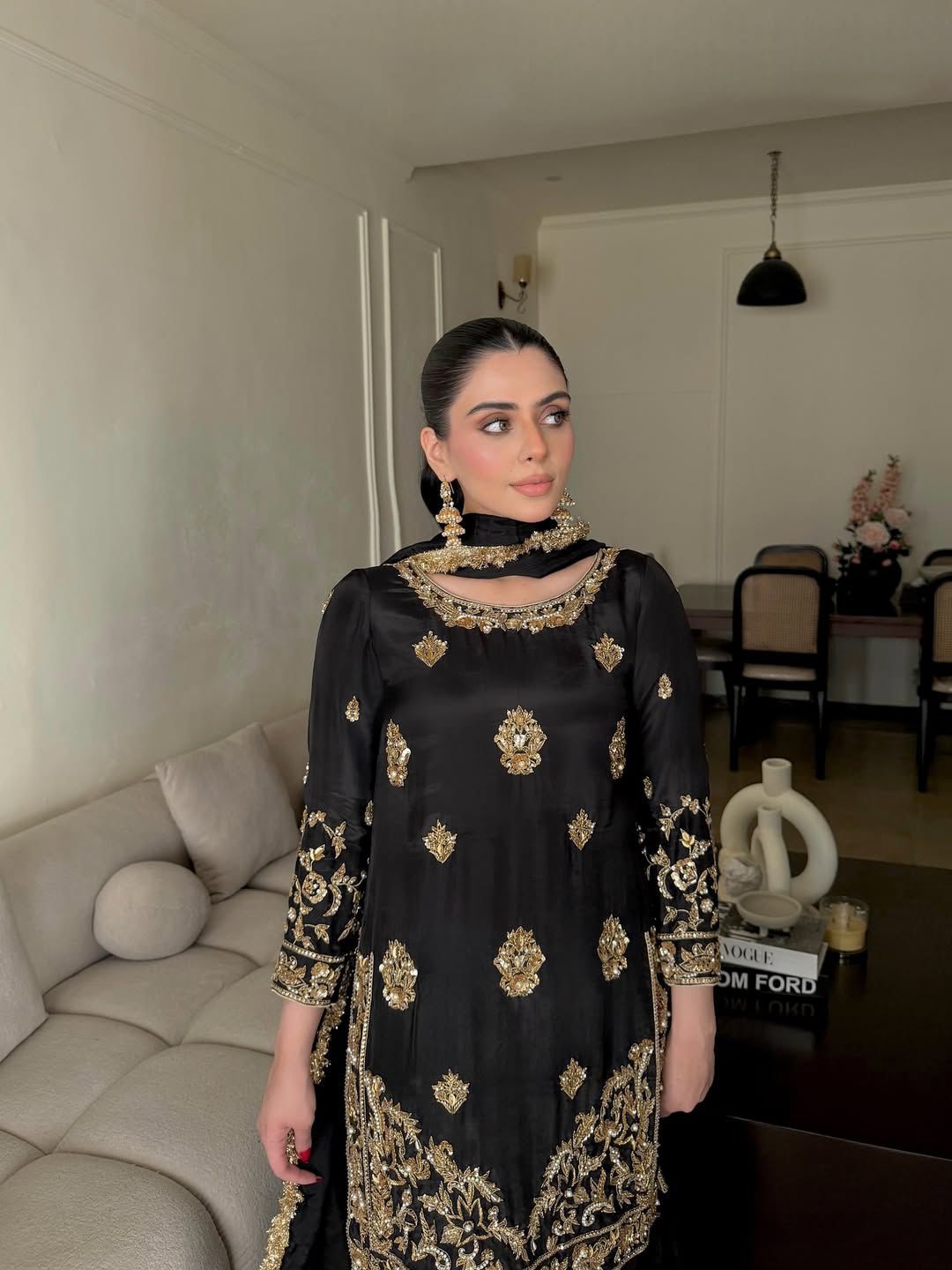 Black Sharara Set with Scalloped Gold Borders