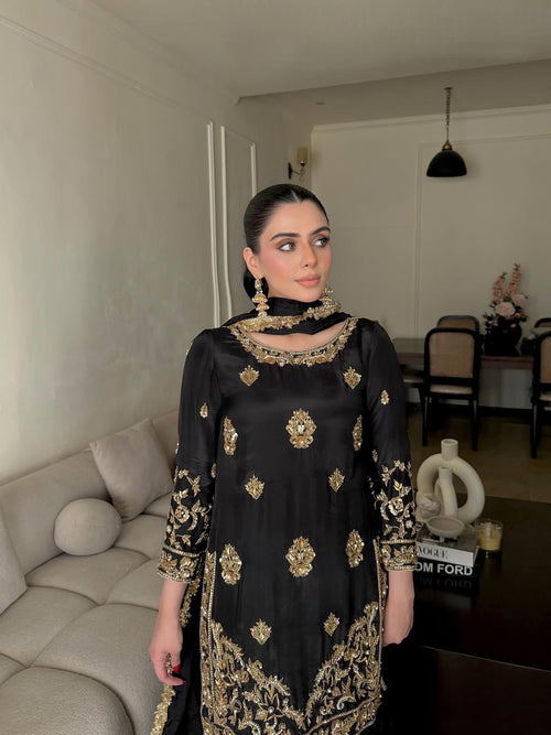 Black Sharara Set with Scalloped Gold Borders