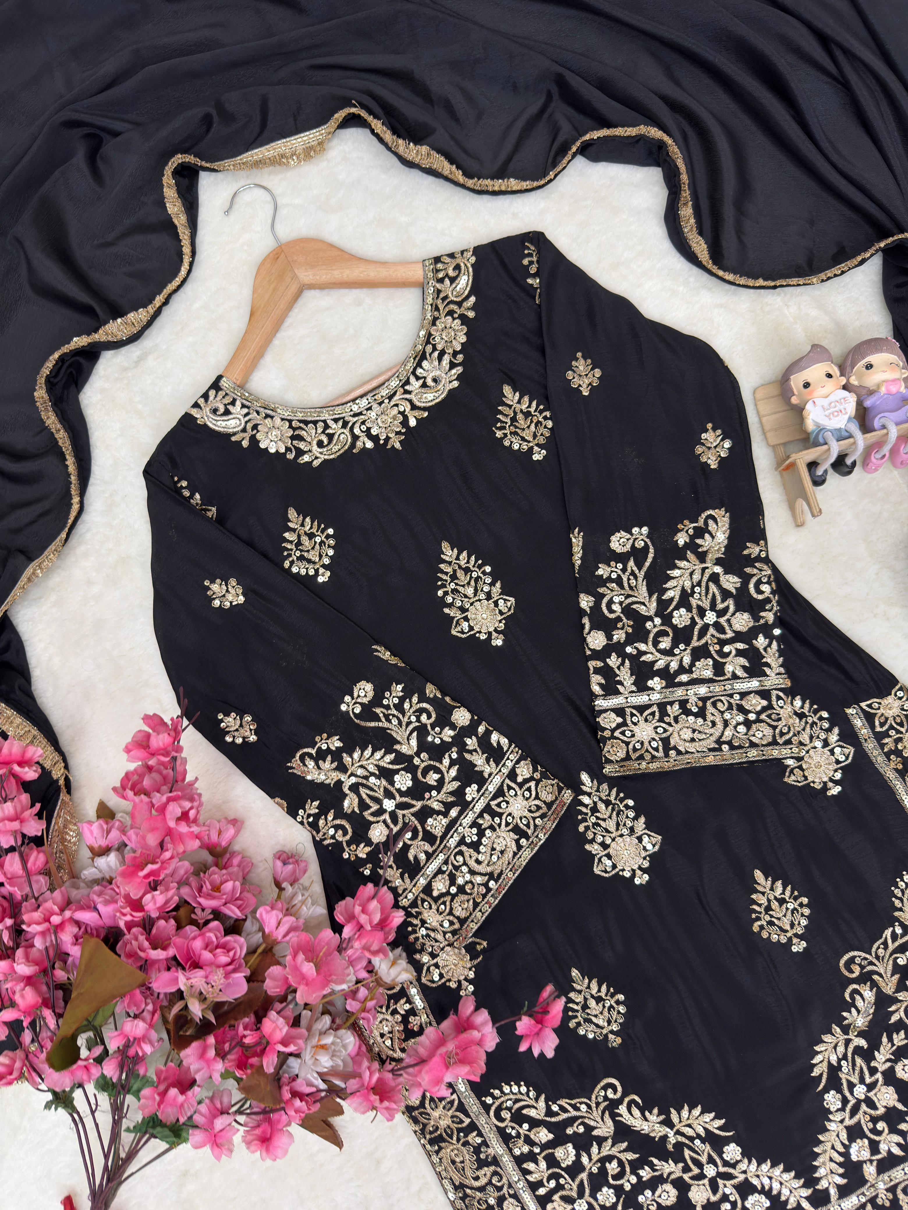 Black Sharara Set with Scalloped Gold Borders