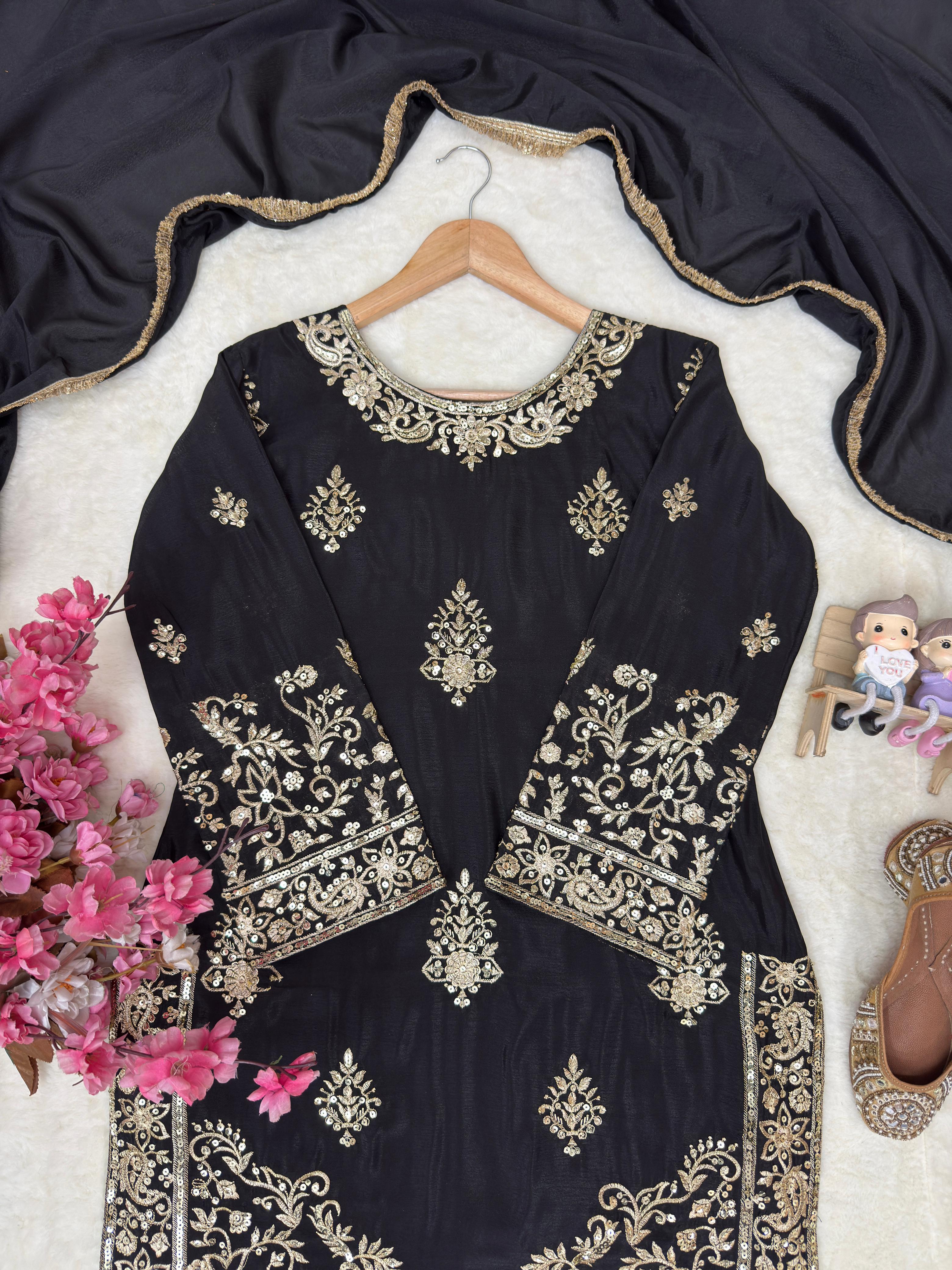 Black Sharara Set with Scalloped Gold Borders