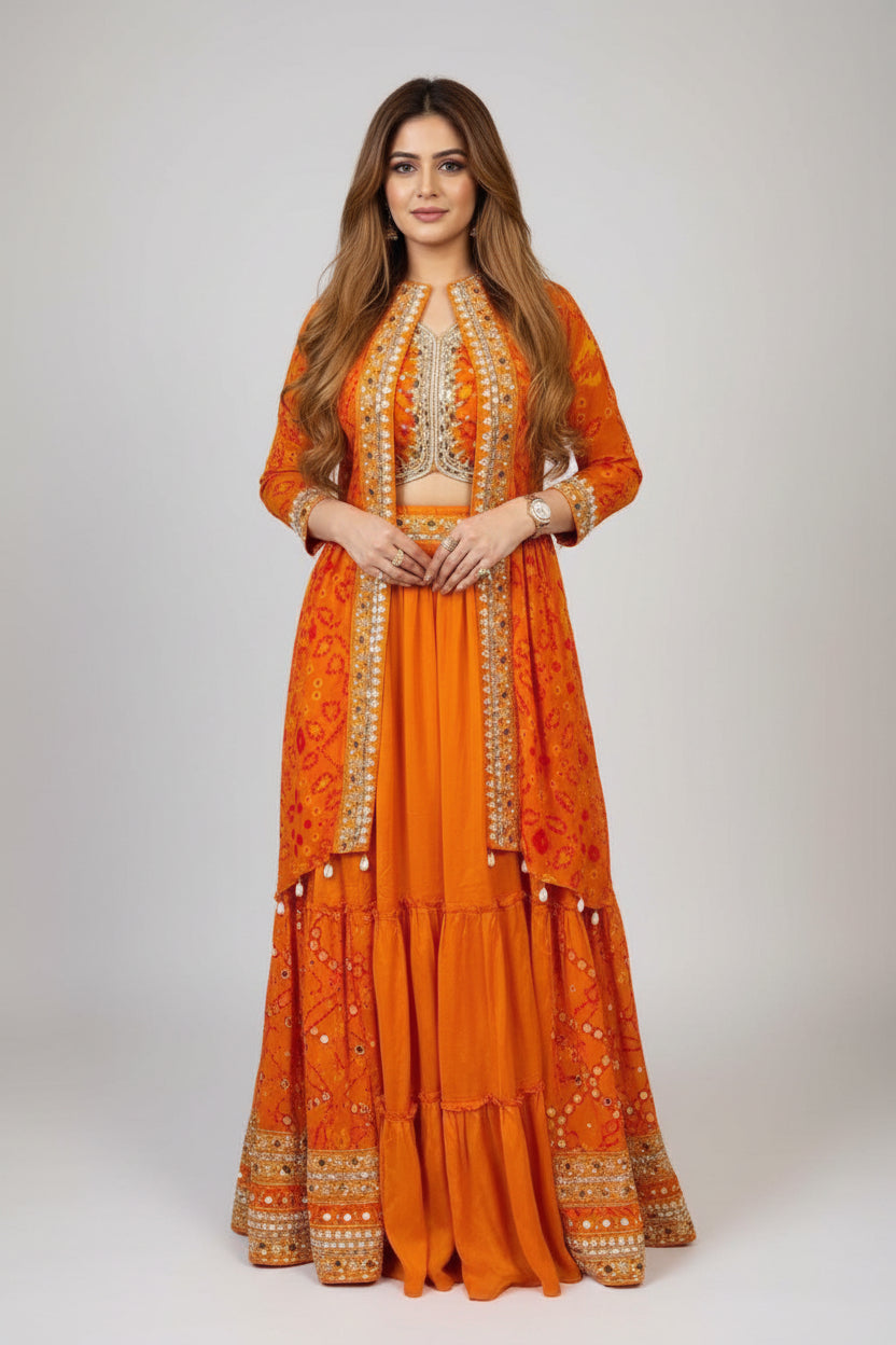 Bandhani Print Indo-Western Set with Mirror-Work