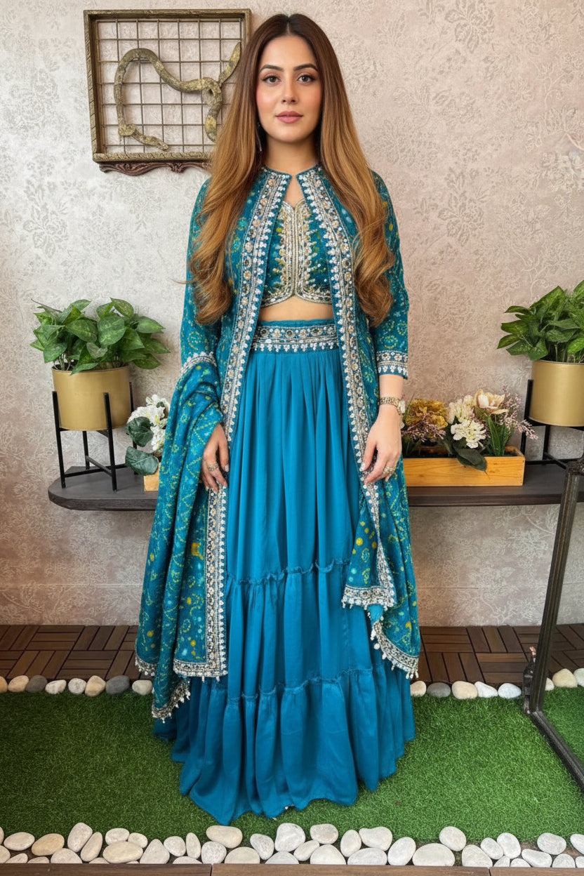 Bandhani Print Indo-Western Set with Mirror-Work