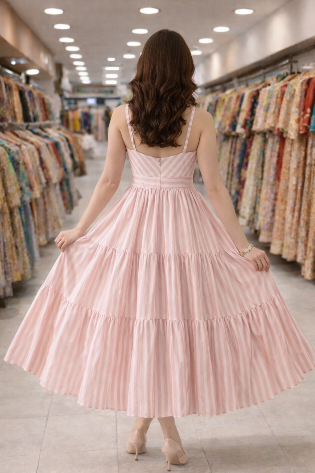 FloraLuna Pink and White Striped Tiered Maxi Dress