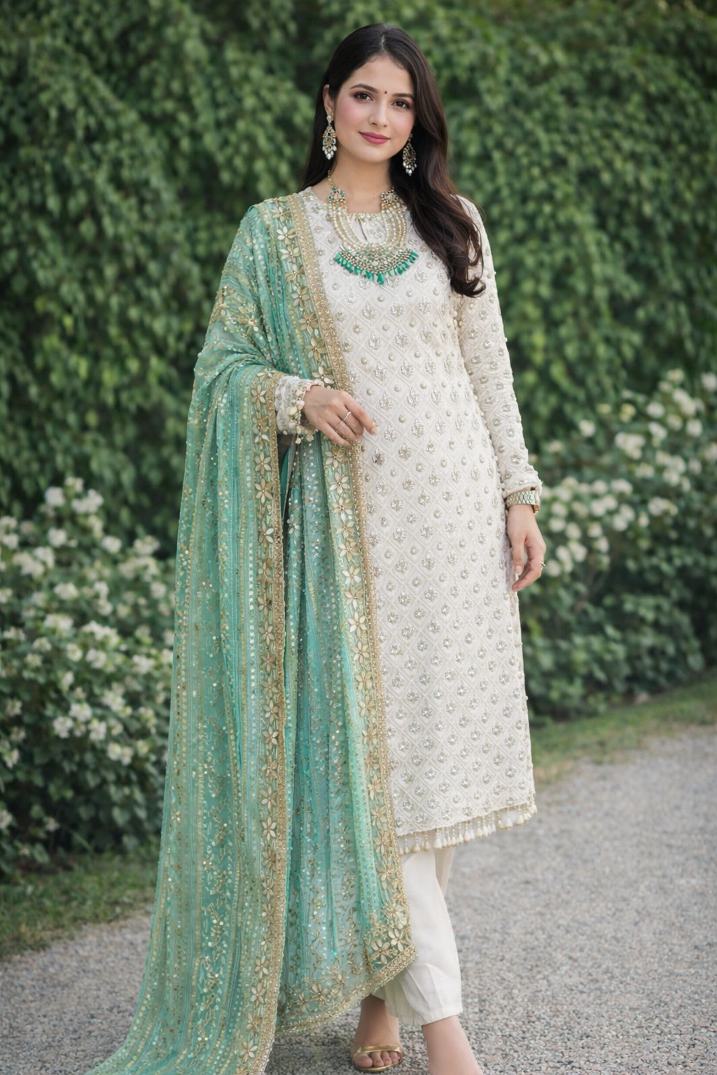 FloraLuna Women's White Heavy Embroidery Salwar Kameez Festive Kurta Pant Set with Green Dupatta