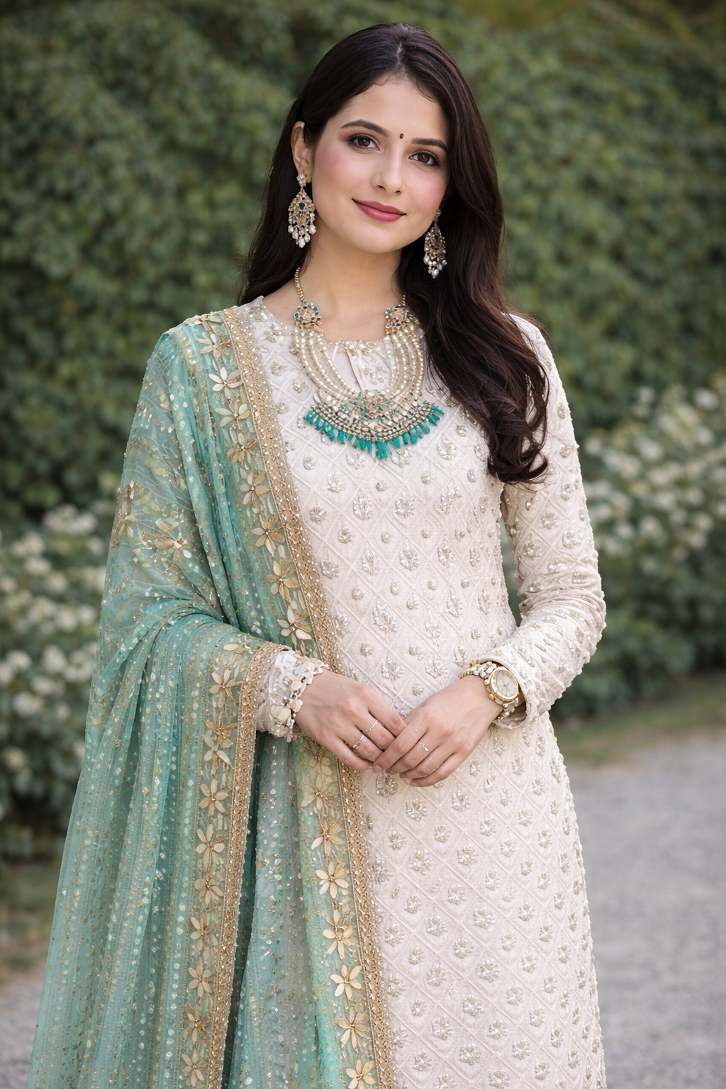 FloraLuna Women's White Heavy Embroidery Salwar Kameez Festive Kurta Pant Set with Green Dupatta