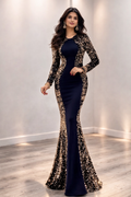 FlorLuna Navy Blue Sequin Mermaid Gown with Gold Embellished Jacket