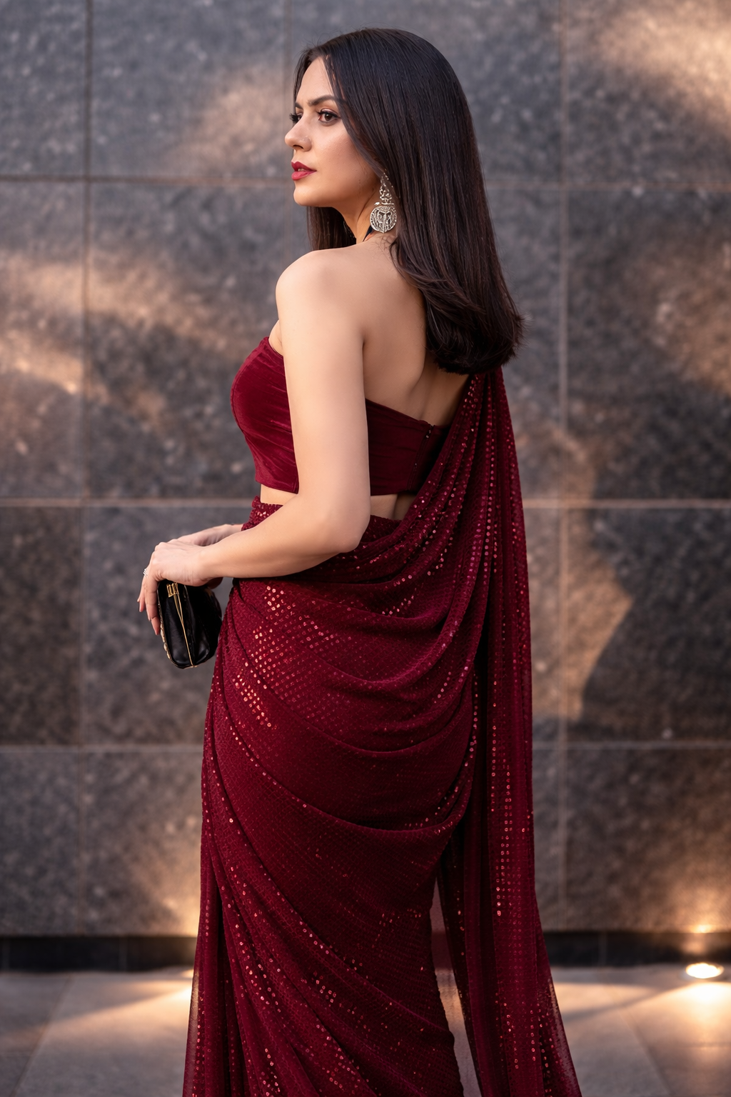 FloraLuna Opulent Maroon Sequin Saree