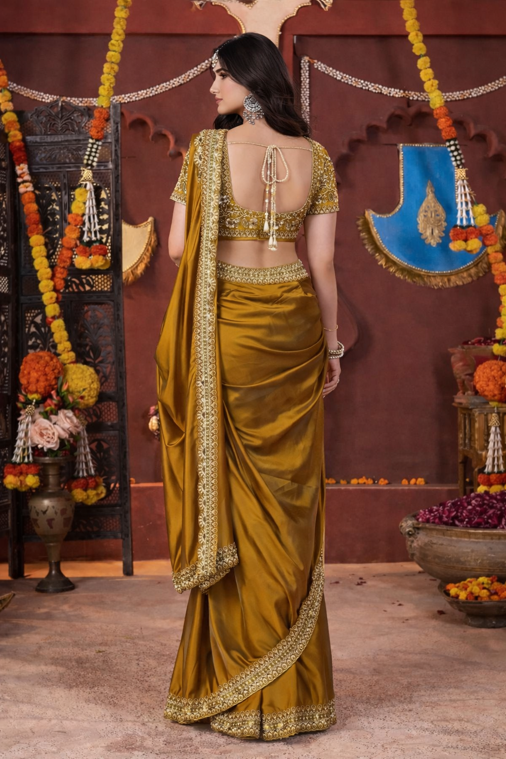 FloraLuna Stunning Golden Mustard Satin Silk Saree