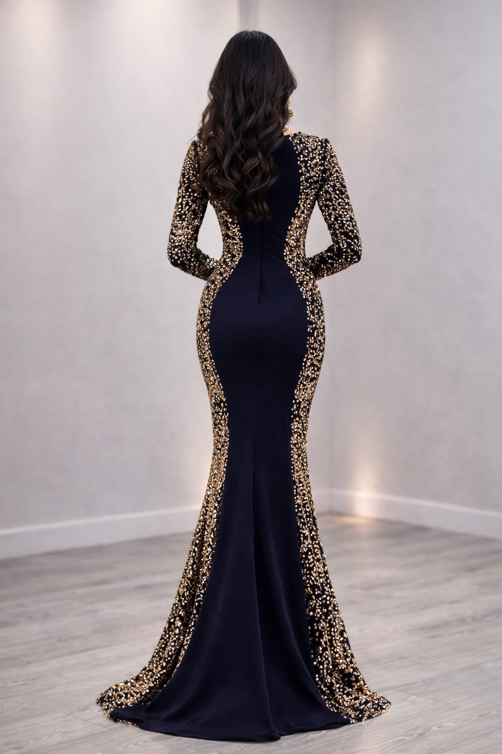 FlorLuna Navy Blue Sequin Mermaid Gown with Gold Embellished Jacket