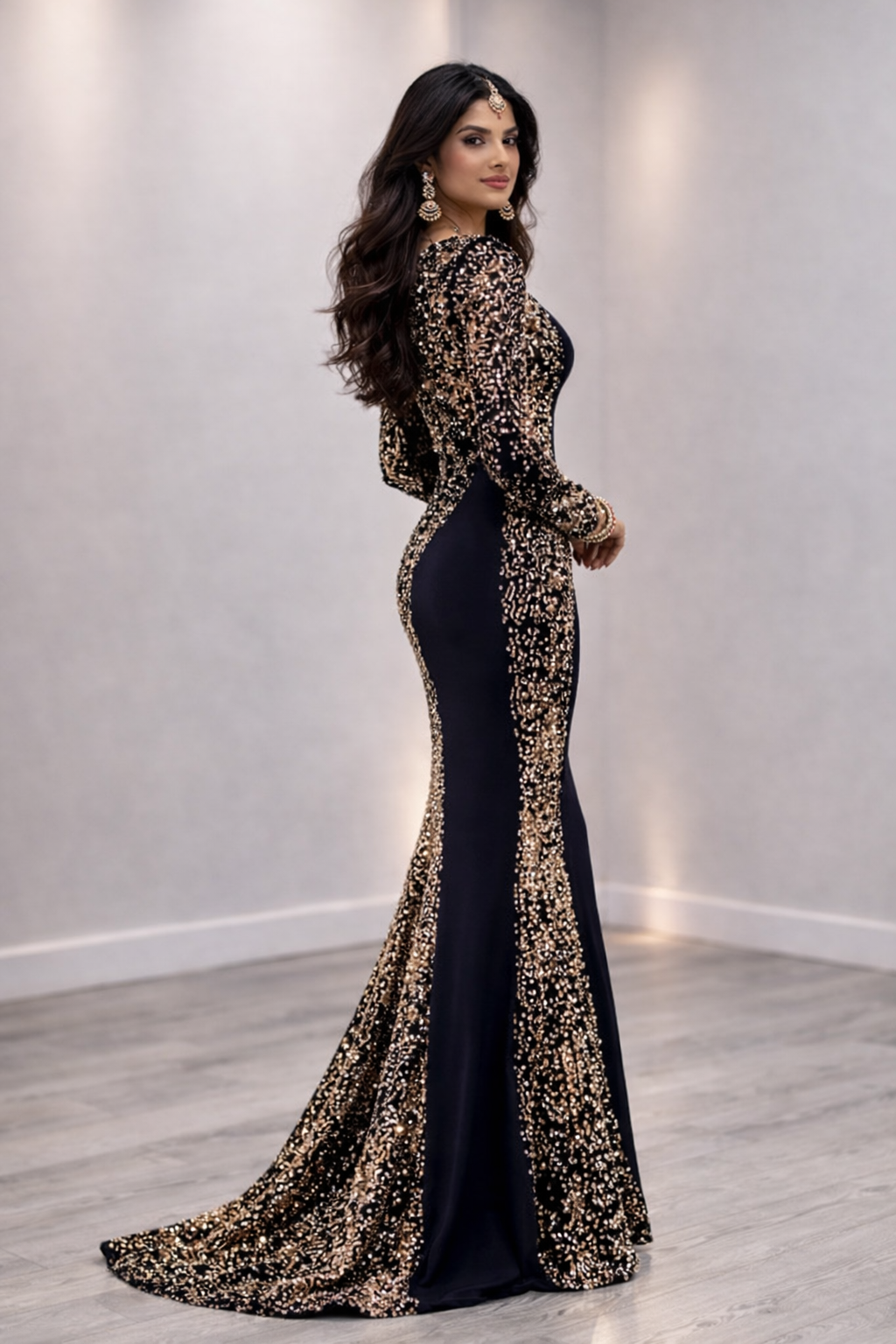 FlorLuna Navy Blue Sequin Mermaid Gown with Gold Embellished Jacket