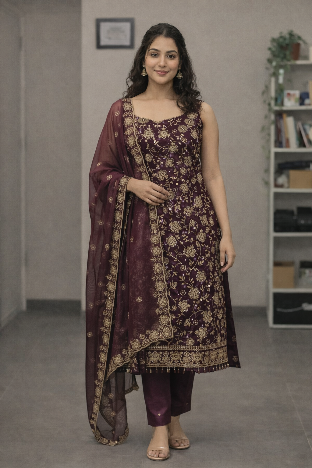 FloraLuna Deep Wine Floral Embroidered Kurta Set with Dupatta Unstitched