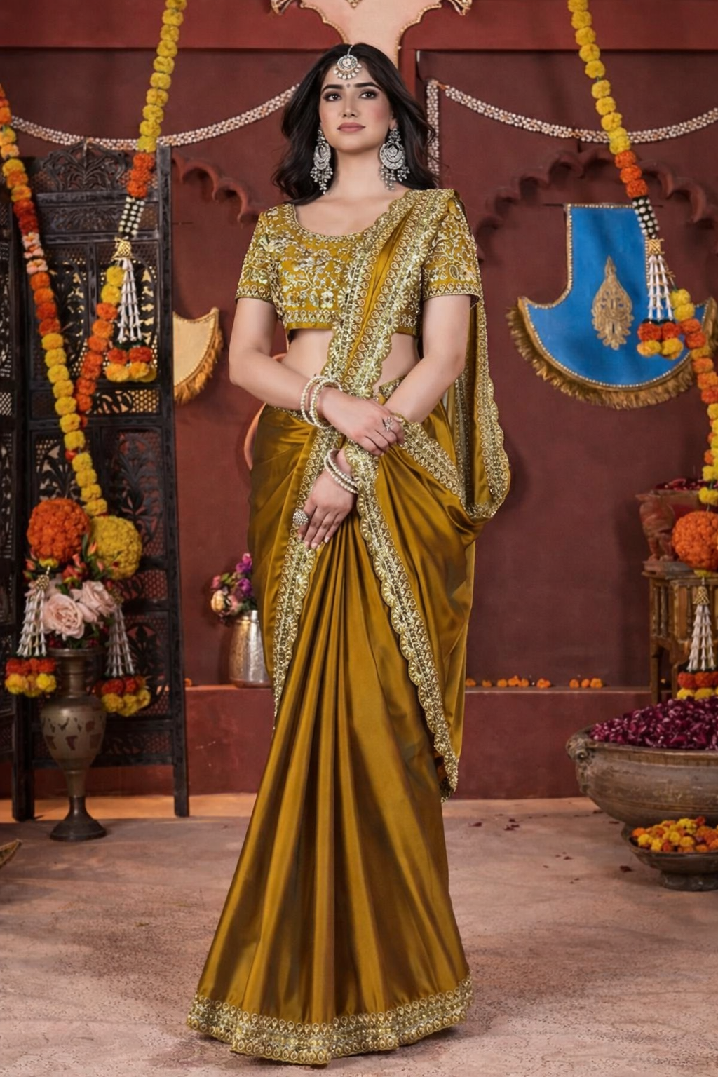 FloraLuna Stunning Golden Mustard Satin Silk Saree