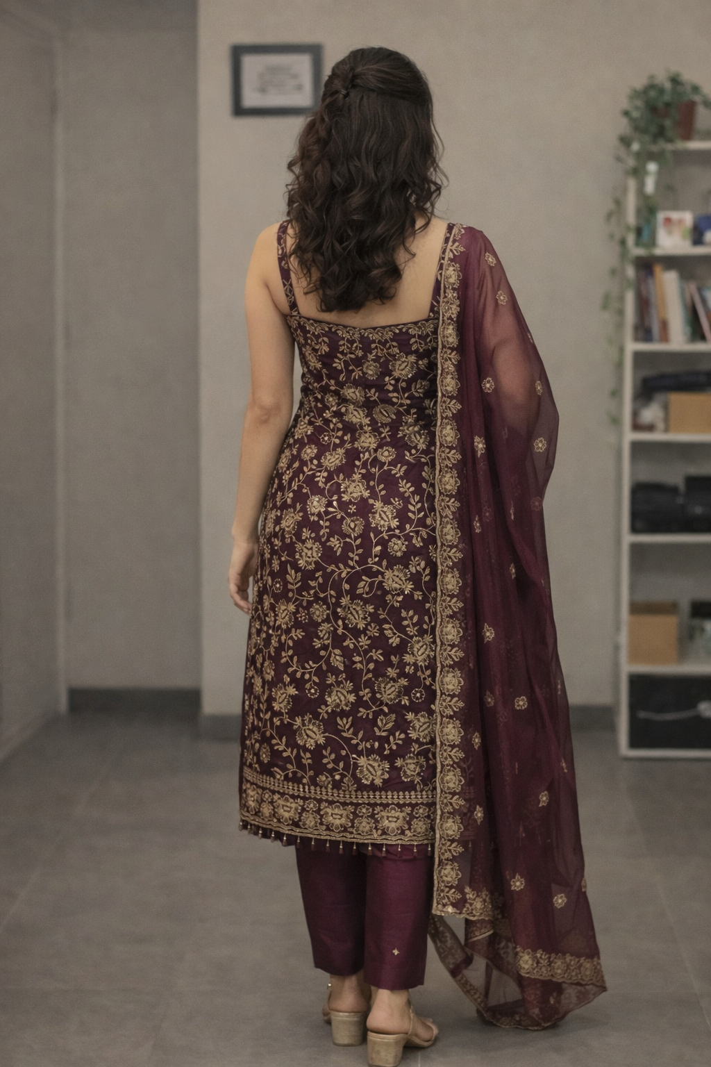 FloraLuna Deep Wine Floral Embroidered Kurta Set with Dupatta Unstitched