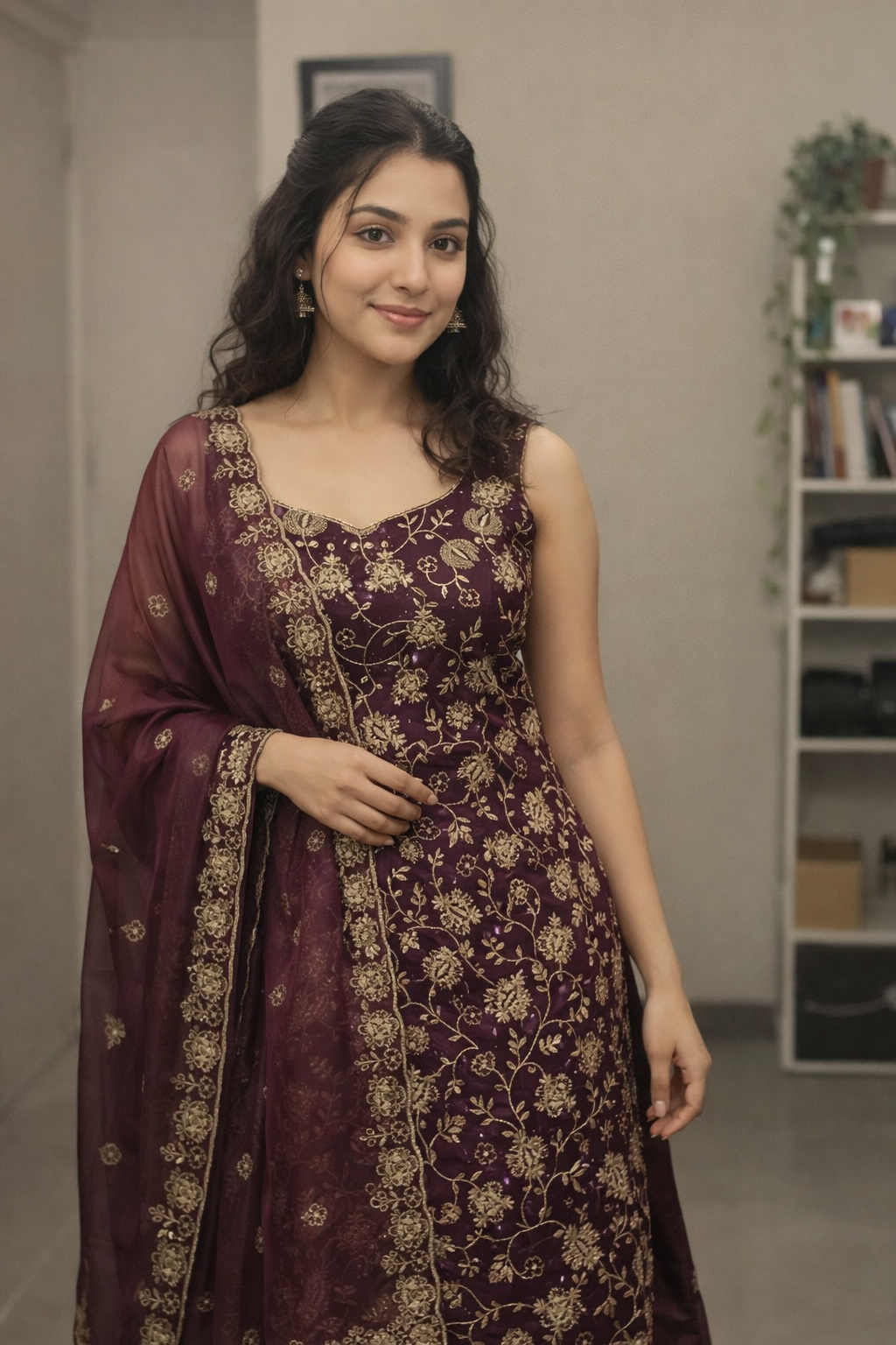 FloraLuna Deep Wine Floral Embroidered Kurta Set with Dupatta Unstitched