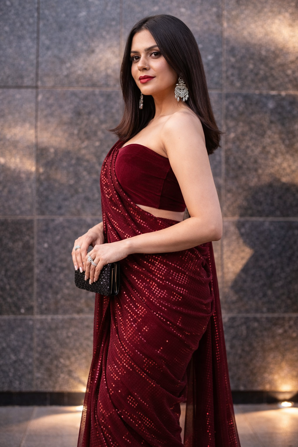 FloraLuna Opulent Maroon Sequin Saree